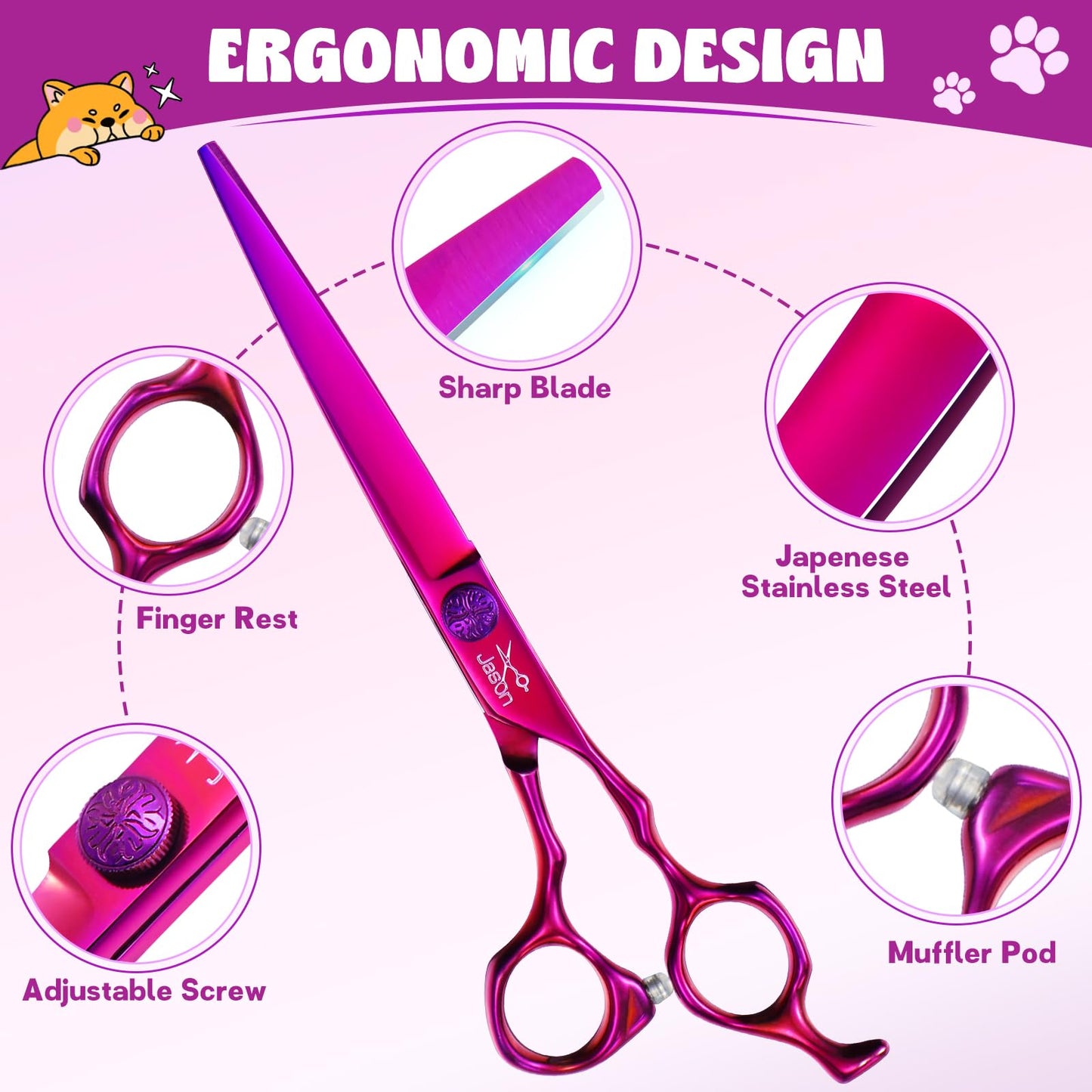 JASON Dog Grooming Scissors Set - Professional 6 in 1 Dog Shears Set - 7" Curved Chunker, 7" Straight, 7" Up-Curved, 7" Down-curved Scissors and Comb for Dog Cat Pet with Adjustable Screw
