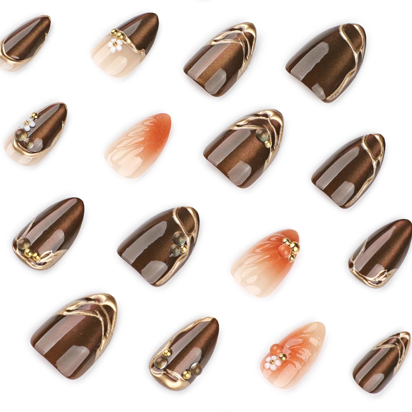 plalely Almond Press on Nails Short Brown Fake Nail Gold Embossed Acrylic Nail Press ons Daisy Charm Stick on Nail for Women 24pcs