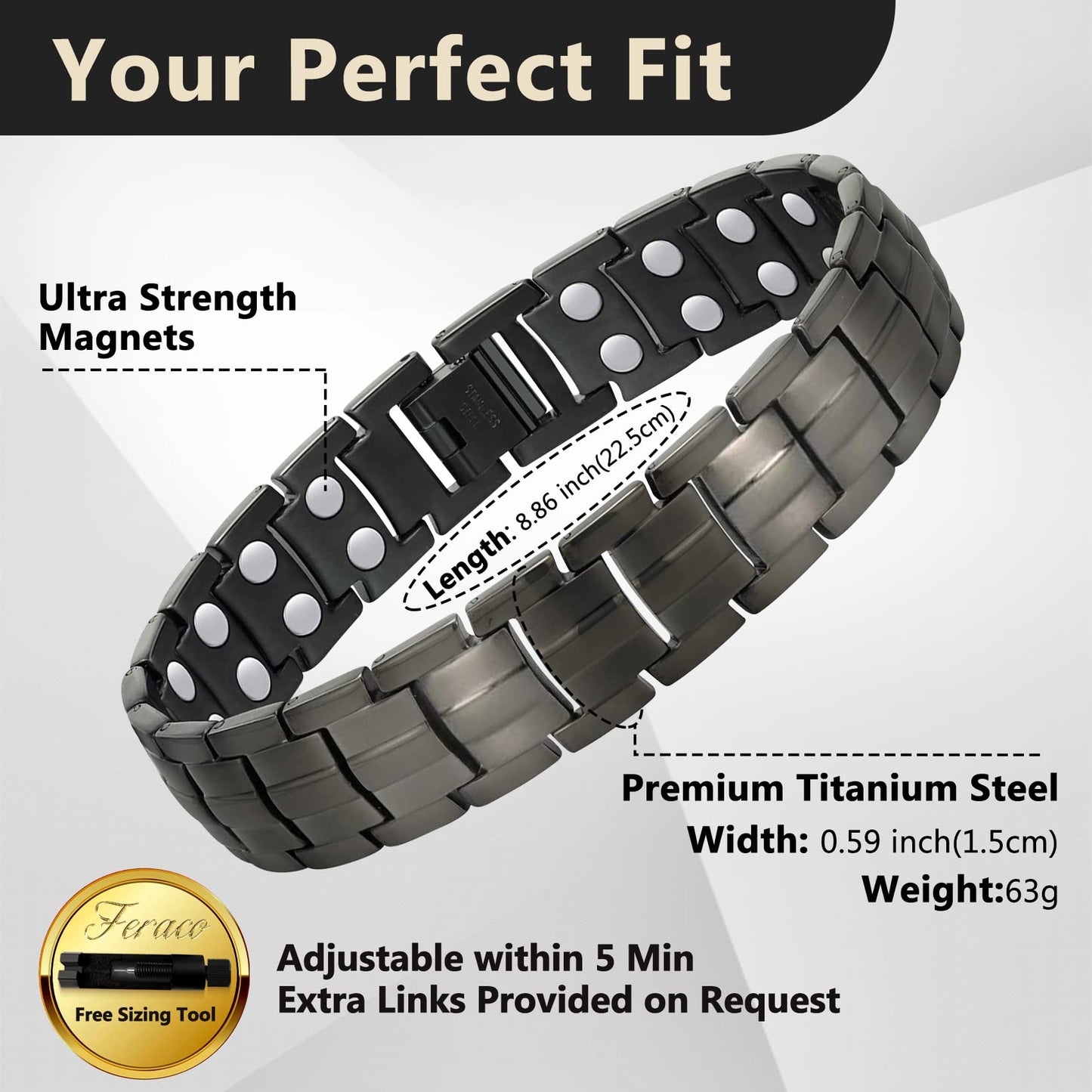 Feraco Magnetic Bracelet for Men Titanium Steel Bracelets with Double Row Magnets Adjustable (Gray)