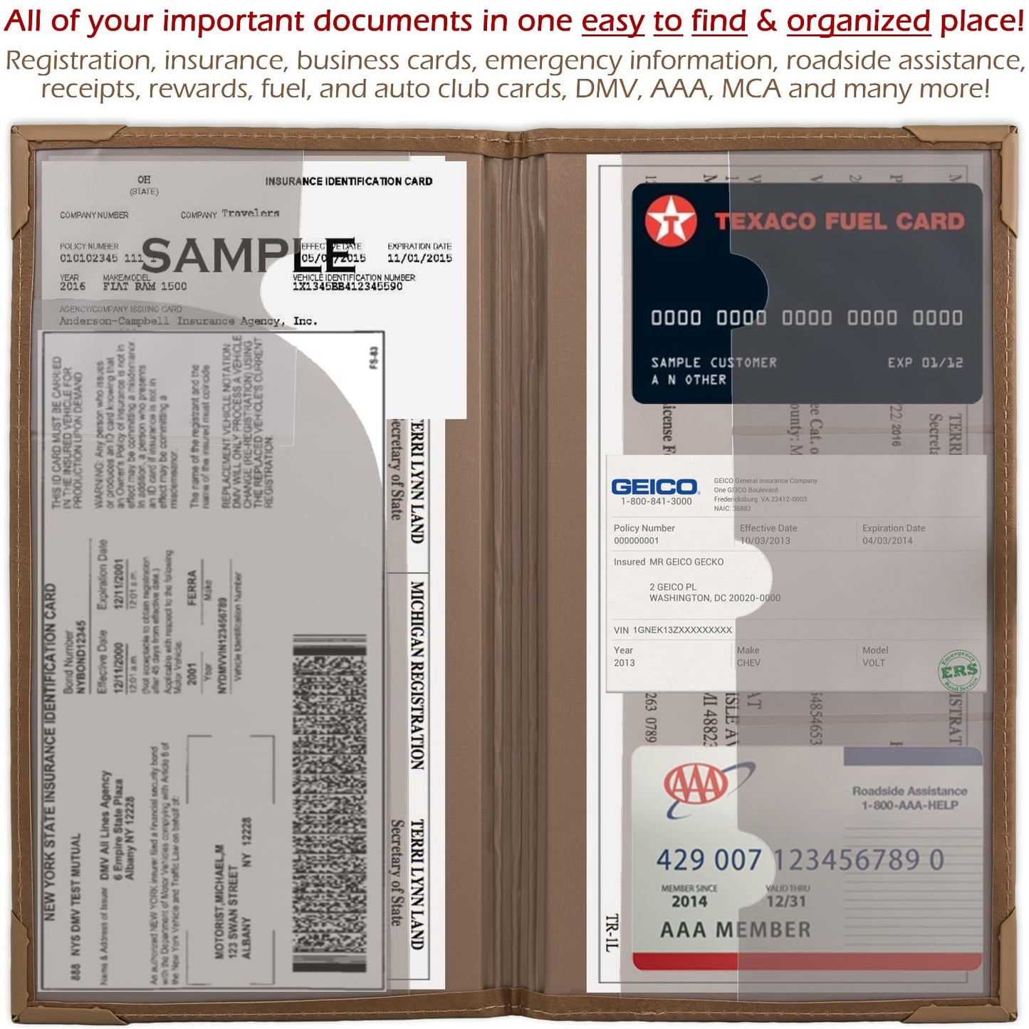 Auto Insurance and Registration Card Holder - Vehicle Glove Box Document Organizer - Car Essential Paperwork Holder for DMV, AAA, Contact Information Cards - Premium PU Leather Wallet Case - Brown
