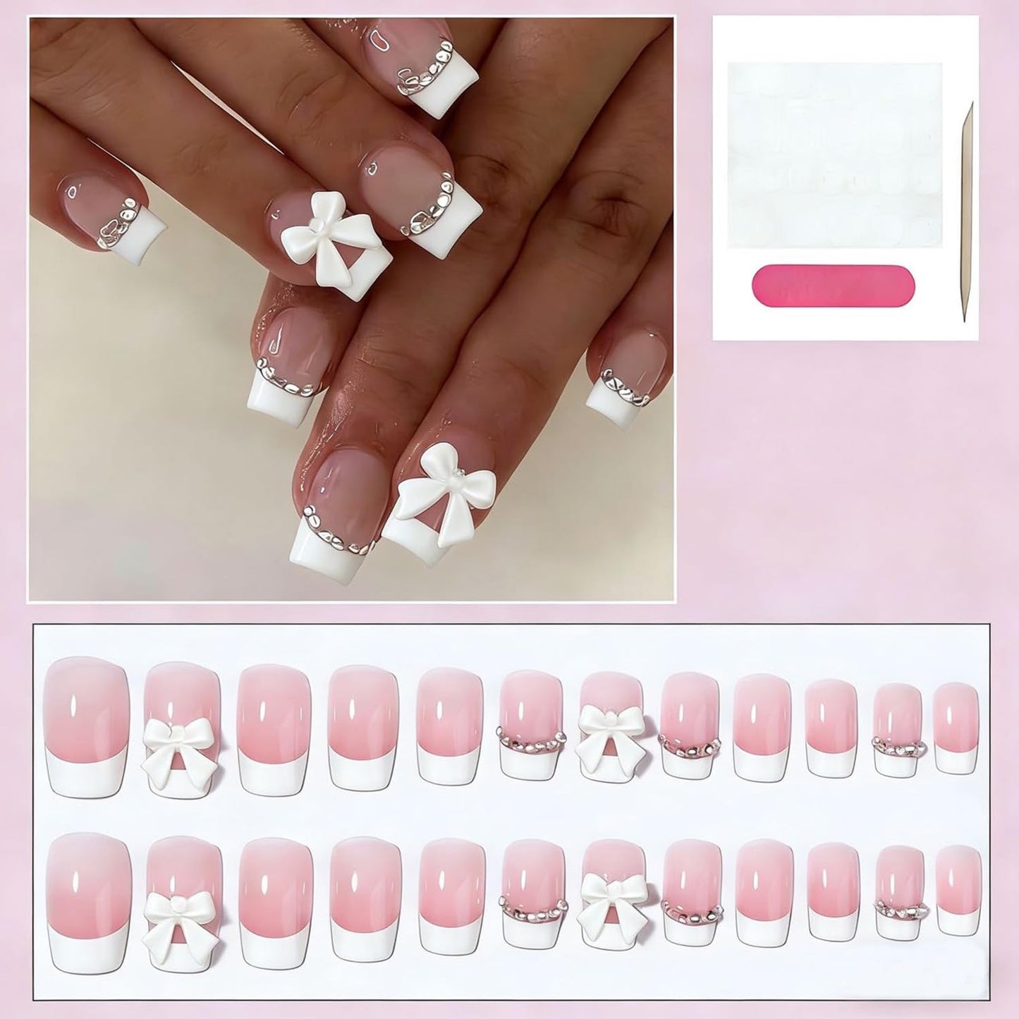 24Pcs French Tip Press on Nails White Tip Square Fake Nails with 3D Bow Full Cover Rhinestone Stick on Nails Medium Nails Press ons Cute White Reusable Acrylic False Nails for Women Girls