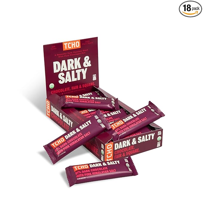 TCHO Dark & Salty Chocolate Bars - Organic 81% Dark Chocolate with Pink Himalayan Salt - Individually Wrapped 100% Plant-Based Pure Cacao Bars for Guilt-Free Indulgence (18-Pack)