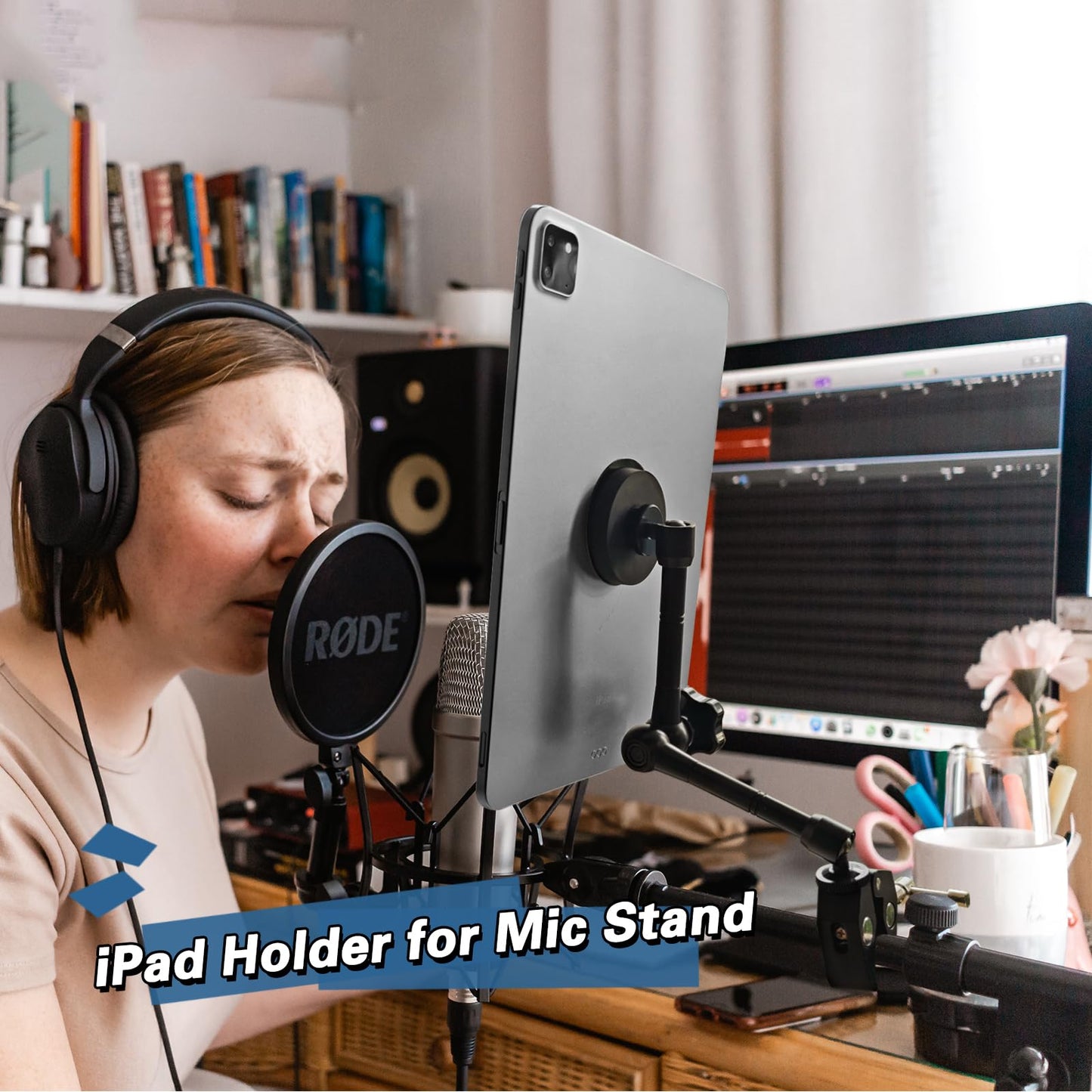 Magnetic Tablet Holder for Mic Stand, Full Metal Phone & iPad Music Stand, Compatible with All Models of iPad and iPhone Devices, Adjustable at Any Angle