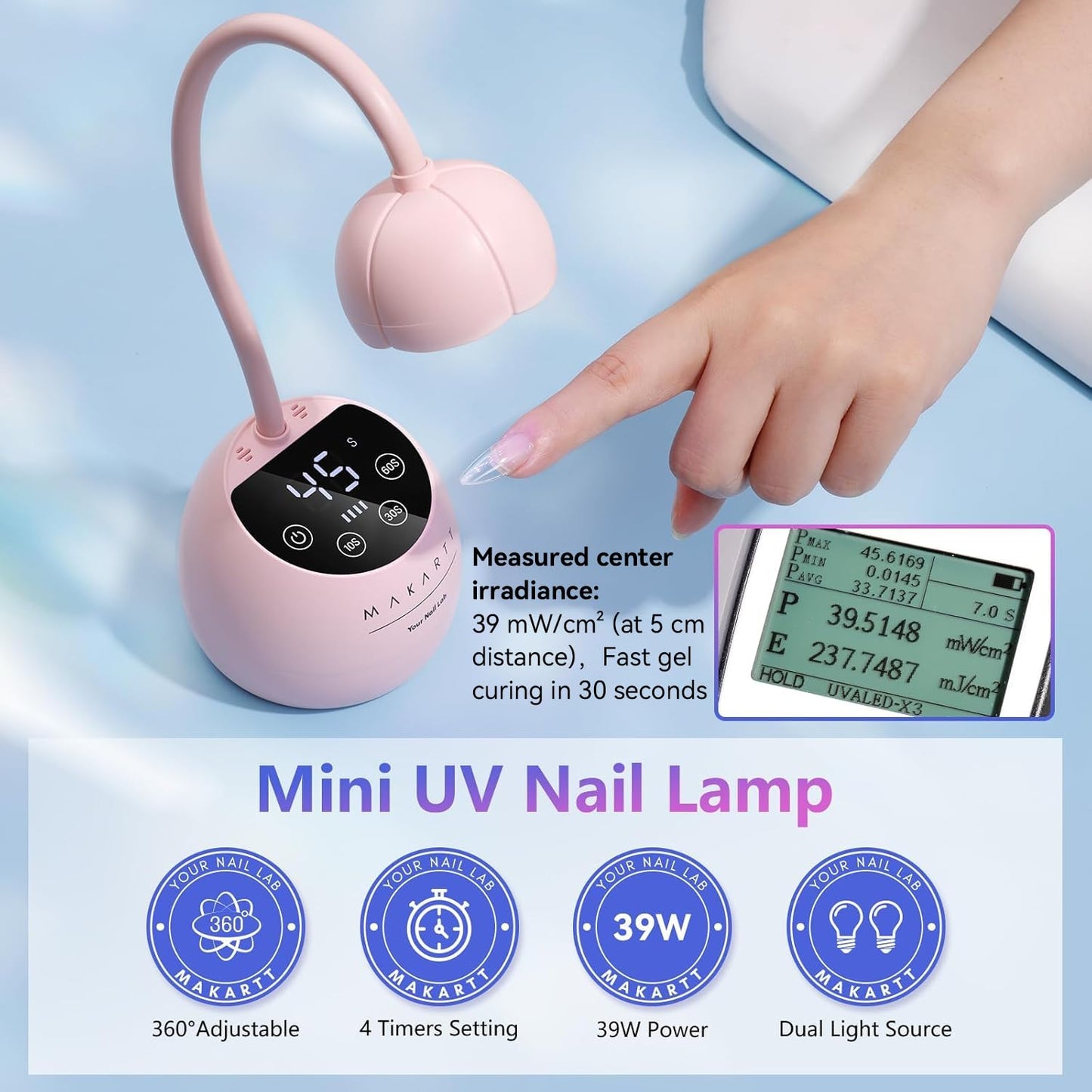 Makartt UV LED Nail Lamp - Gooseneck UV Light for Gel Nails Cherie Cordless USB 39mW/cm² Gel Lamp with 4 Times & Auto Sensor Professional Fast Flash Curing Polish Nail Art