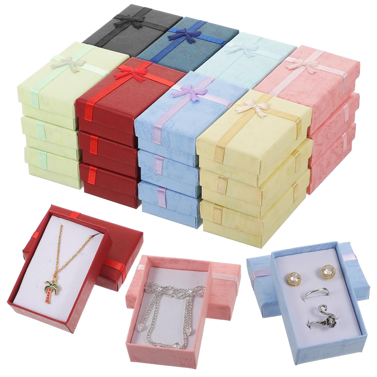 zisiueel 96 Pcs Jewelry Gift Boxes Set Empty Small Gift Cardboard Boxes for Jewelry Packaging with Ribbon Bowknot for Anniversaries Weddings Birthday, 8 Colors