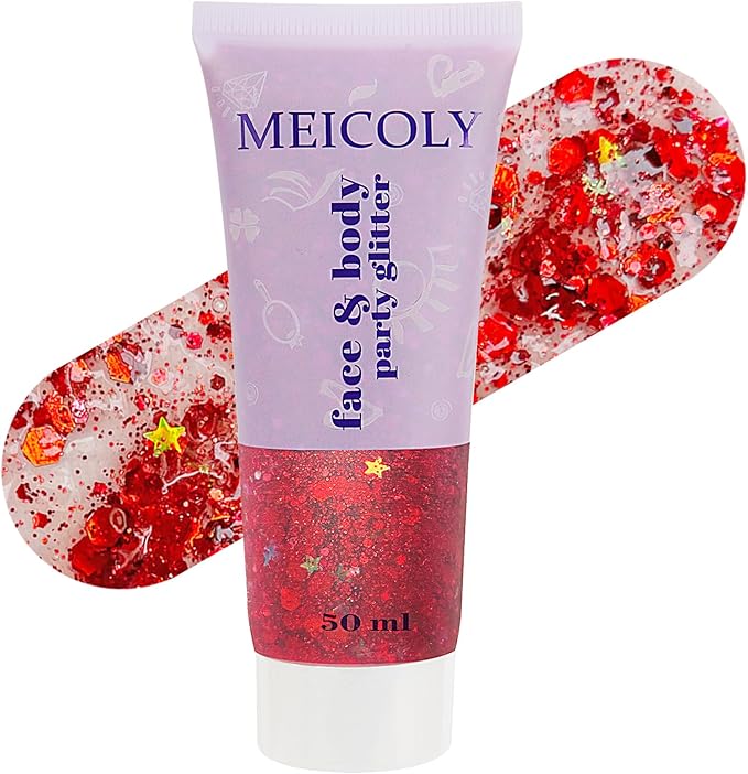 MEICOLY Red Face Glitter,Halloween Hair Glitter Gel,Stocking Stuffers for Christmas,Sparkling Glitter Face Paint,Festival Rave Accessories Glitter Makeup,Mermaid Body Glitter Gel for Women Kids