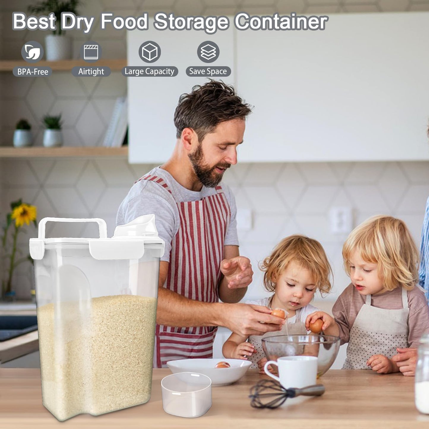 Komzon Rice Container, Airtight Rice Storage Container 10lb, Cereal Containers Storage, BPA Free Food Dispenser with Pouring Spout Handle for Flour Pasta Grain, Pet Dog Cat Bird Food Storage Container