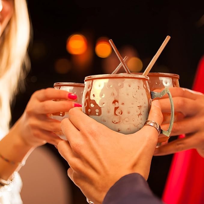 Artisan's Anvil Moscow Mule Mugs with Straws, Comfortable Brass Handle, Stainless Steel Made, Original Hammered Shape, Copper Plated, Set of 4