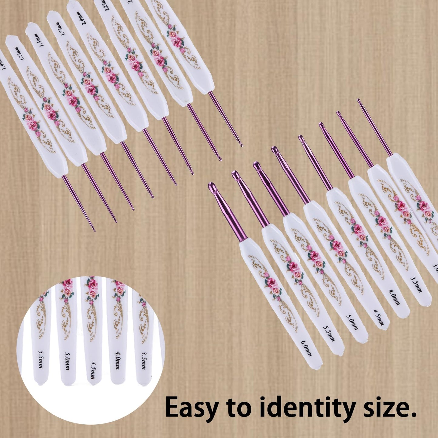 Crochet Hooks Needles,16 Pcs Cute Needles for Arthritic Hands,Extra Long Chinese Style Crochet Hook Set Flower Pattern Ergonomic Soft Grips Knitting Hook for Crochet Yarn Craft (Pink)