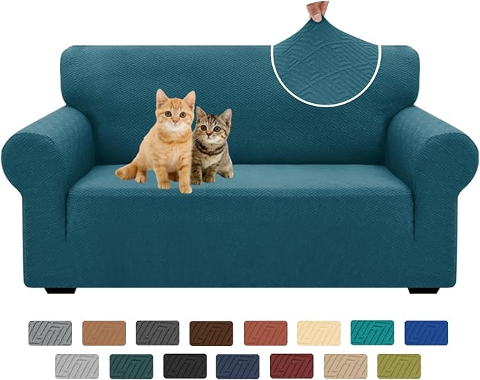 XINEAGE New 1 Piece Couch Covers for 2 Cushion (55"-69") Stretch Loveseat Sofa Cover Slipcover Jacquard Universal Furniture Protector with Elastic Bottom for Kids,Dog (Loveseat, Peacock Blue)