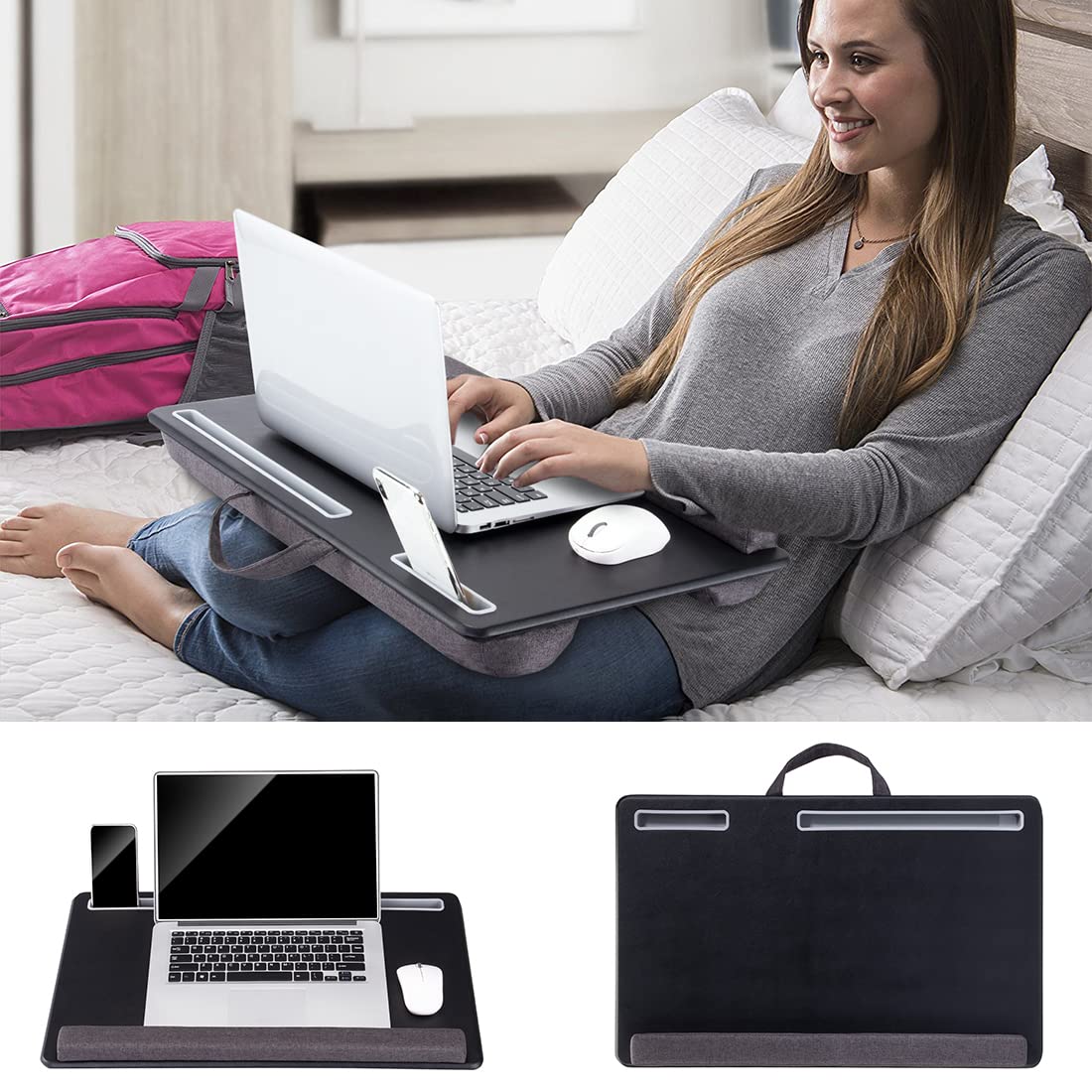 Extra Large Lap Laptop Desk - Full PU Material Mouse Pad Gaming Tray - Portable LapDesk with Phone Holder & Wrist Rest for Notebook, MacBook, Tablet, Bed, Sofa(Black, Fit Up 17.3-in Laptops)