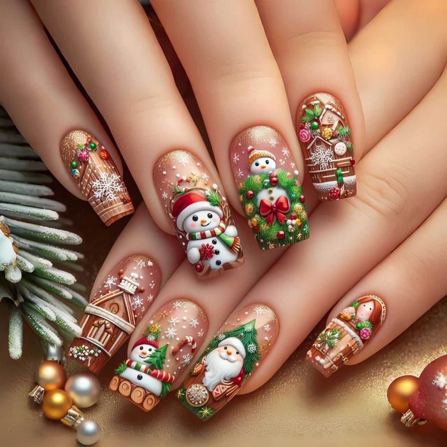 24pcsChristmas Press on Nail Medium Length Long Square Fake Nails Gold designs Cute Snowman Snowflake Castle Pattern Stick on Nail Glossy Full Cover Xmas False Nails Reusable Glue on Nails for Women
