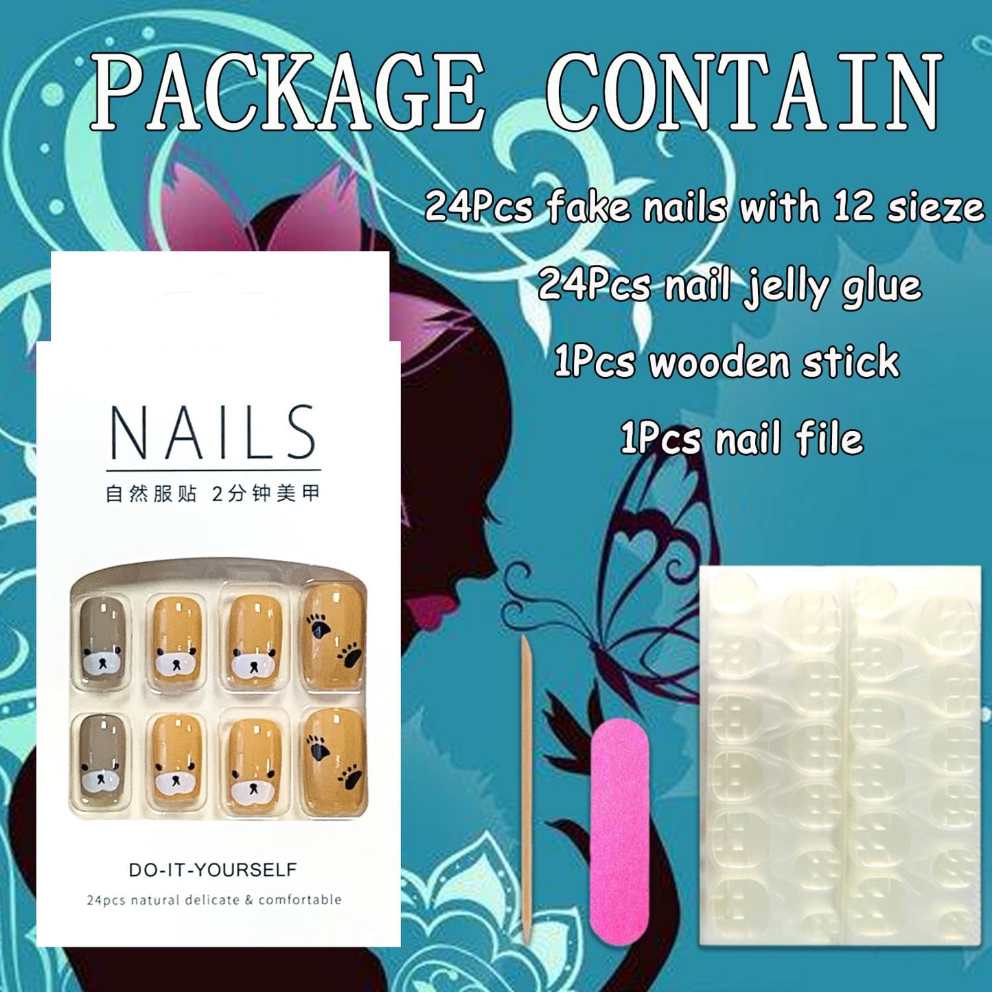 EYZOTSF Press on Nails Square Short Length Acrylic Glossy Full Cover Cute French False Nails with Bear Designs Artificial Extra Short Square Shaped Fake Nails Glue ons Fingernails for Women