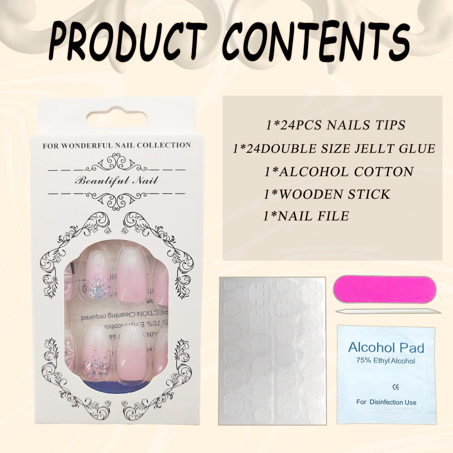 Short Press Coffin False Nails with Silver Glitter Gradient Designs - Light Pink Full Cover Acrylic Nails - Glossy Leaf Design Stick On Nails for Women - 24 Pcs