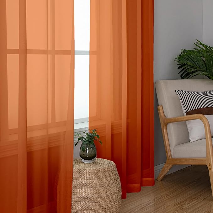 Lecloud Orange Sheer Curtains 72 Inches Long 2 Panels, Rod Pocket Voile Light Filtering Curtains for Door Window, Airy Sheer Drapes for Bedroom Living Room, Each Panel 42 X 72 Inch
