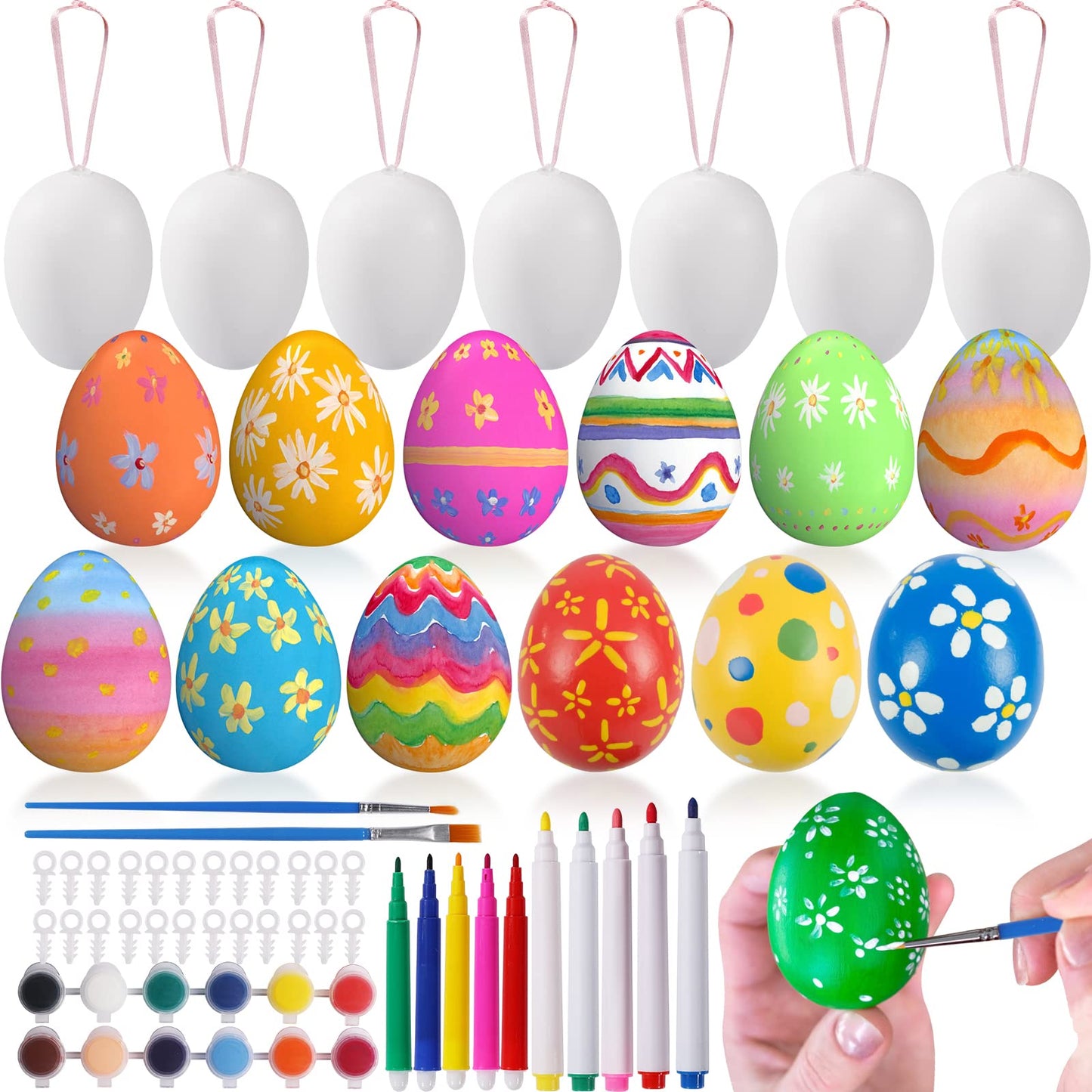 Max Fun 50 Pcs White Blank Easter Eggs Ornaments Bulk Decoration for Craft Hanging Plastic Artificial Eggs with Rope DIY Painting Decorating Basket Fillers Gift Easter Party Favors
