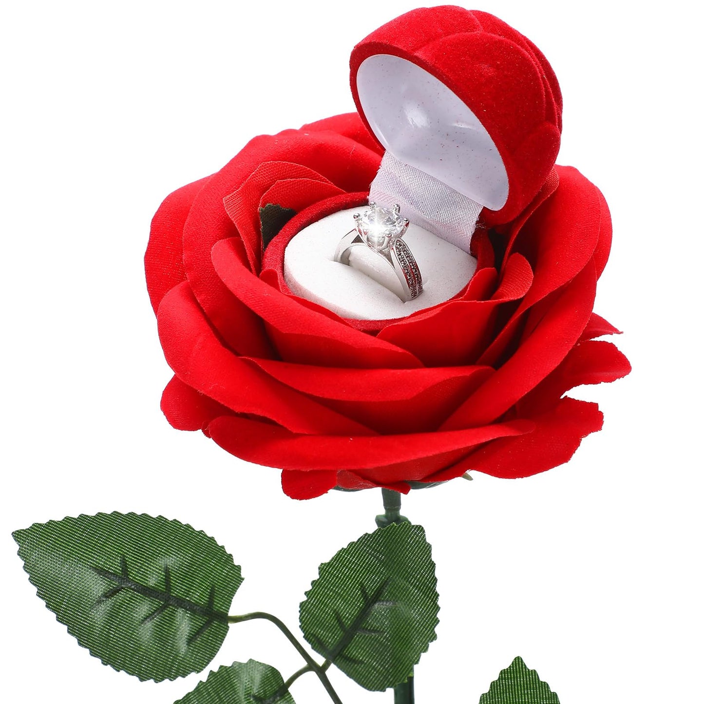 CroBlissful Noble Red Rose Ring Box Jewelry Box Case Engagement Ring Box with Stem for Wedding Proposal(Classic Style)