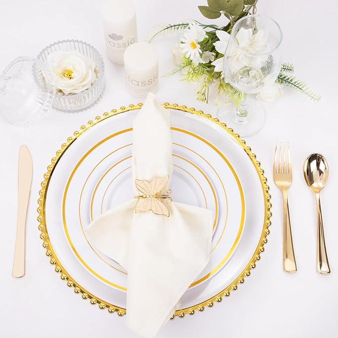 EI 13 Inch Gold Charger Plate,50pcs Clear Charger Plates with Gold Rim,Disposable Chargers Plate,Plastic Chargers Plates for Dinne Family Party and Wedding