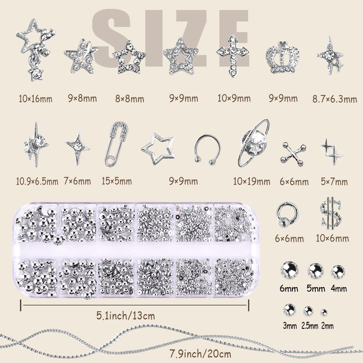92pcs Star Nail Charms, 1 Box Silver Nail Pearls for Crafting Flat Back, Y2K Silver Metal Planet Cross for Acrylic Nail Art Rhinestones Dangling Star Nail Chains Cute Gems Manicure Decorations Bulk