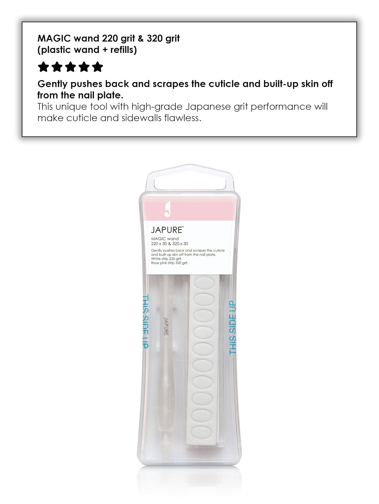 JAPURE Magic Wand Professional Cuticle Pusher Kit - White Handle + 60 Refills, 220/320 Grit - Japanese Emery Nail Prep Tool for Sensitive Cuticles & Flawless Sidewalls