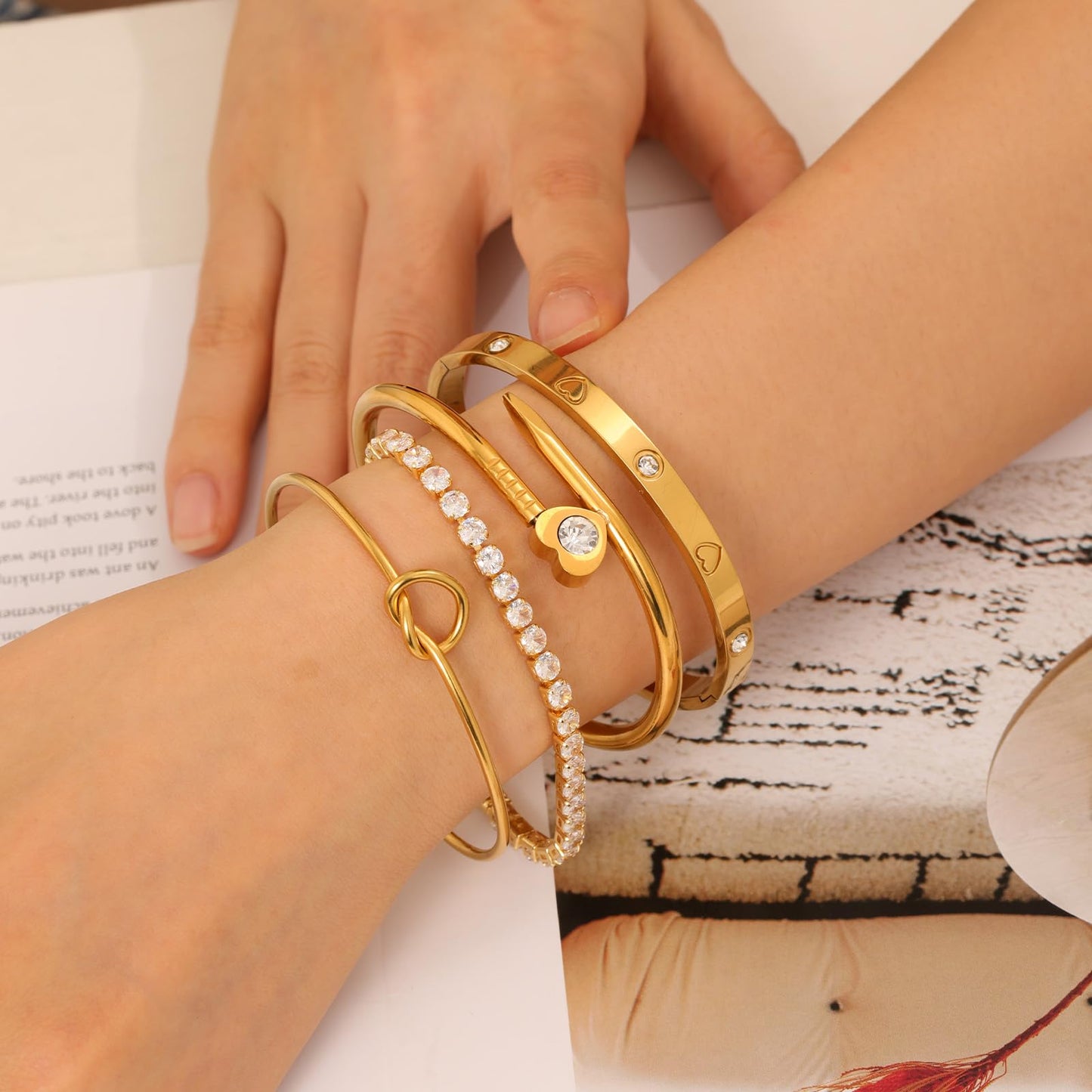 FAFUGA 18 K Gold Plated Love Bangle Bracelet Stack Cuff Jewelry for Women Jewelry Set for Women Gift with Box (style22)