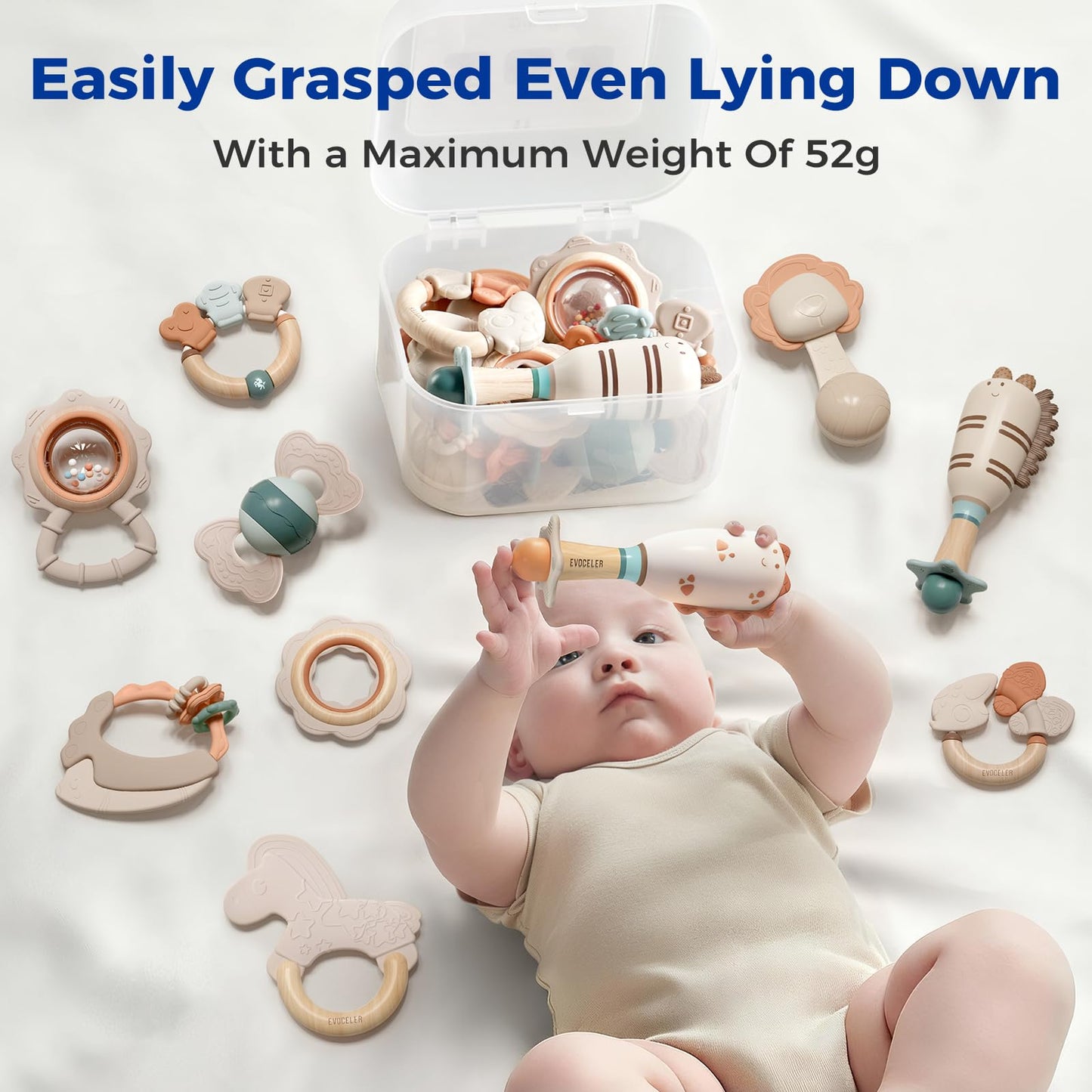 Evoceler Softness Staged Baby Teething Toys with Rattles for 0-6 Months (30° Super Soft, 50° Soft, 70° Regular) -10 Pcs Shaker Toys, Food-Grade Silicone Teethers for Babies 0-18+ Months, BPA Free