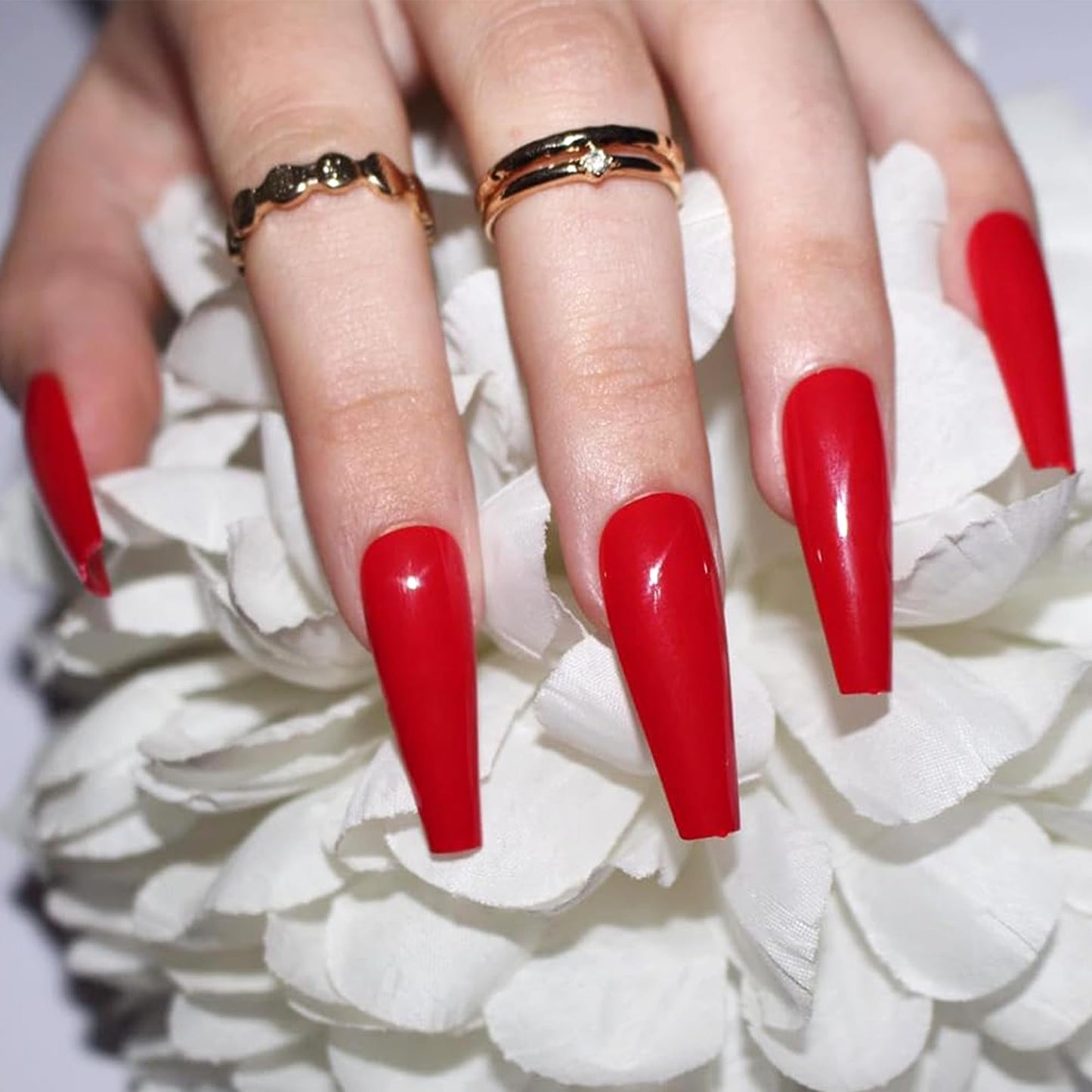Allkem Press On Nails - Hot Red Glossy Extra Long Ballerina Multipack | 10 sizes - 100 pcs False Nails Full Cover Nail Kit with Glue