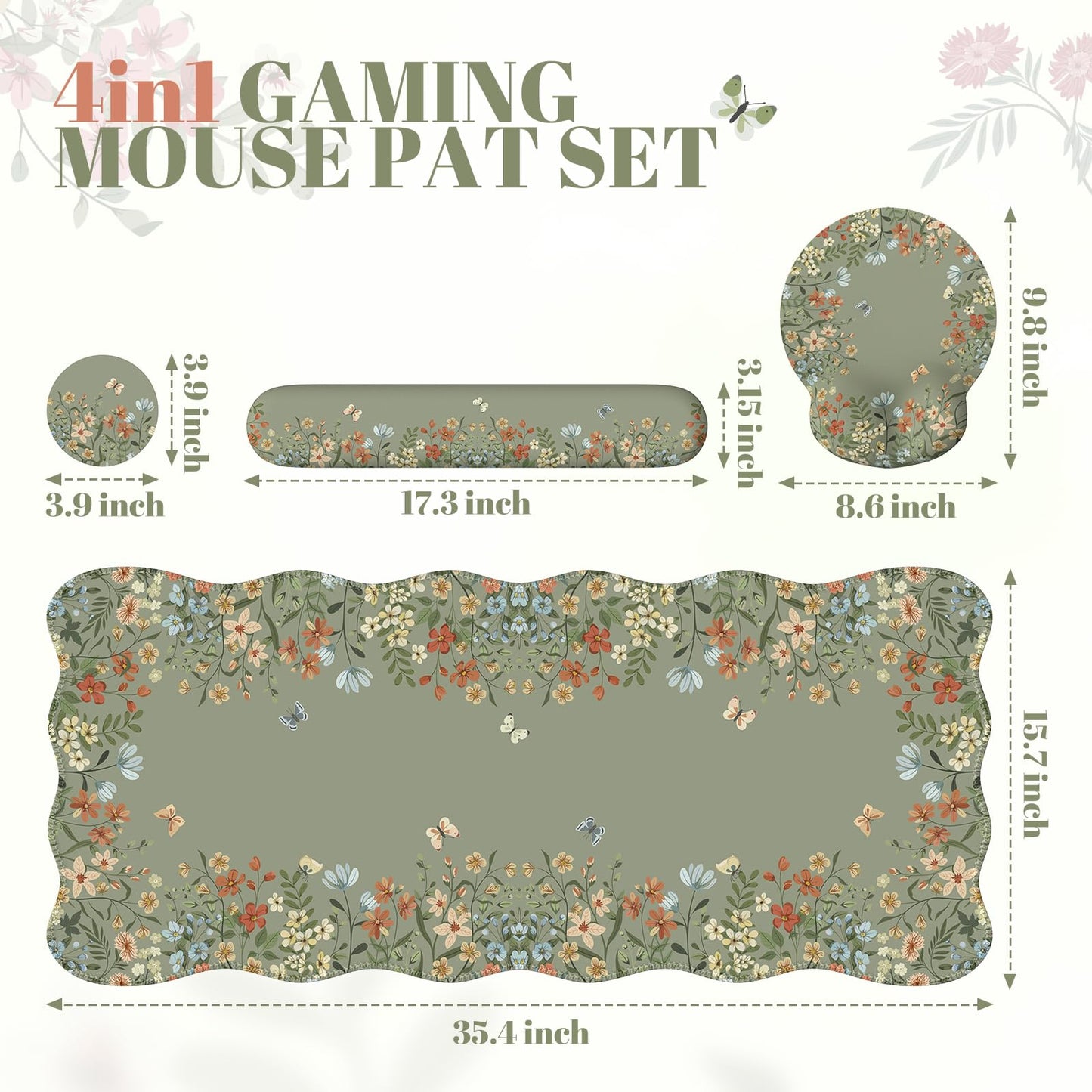 iCasso Desk Mat Set,Large Mouse Pad with Wrist Rest,Ergonomic Keyboard Wrist Support for Women,Girly Floral Computer Mat with Scalloped Edges,Non-Slip Desk Pad Home Office Gaming (Green)