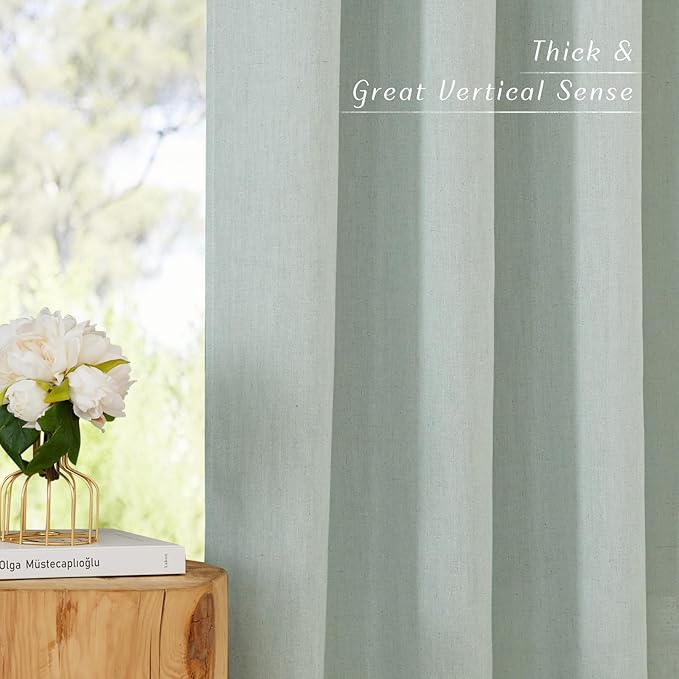 NICETOWN Flax Linen Sage Green 120 inch Curtains for Bedroom, Grommet Privacy Added with Light Filtering Linen Window Treatments for Farmhouse/Living Room, W55 x L120, 2 Panels