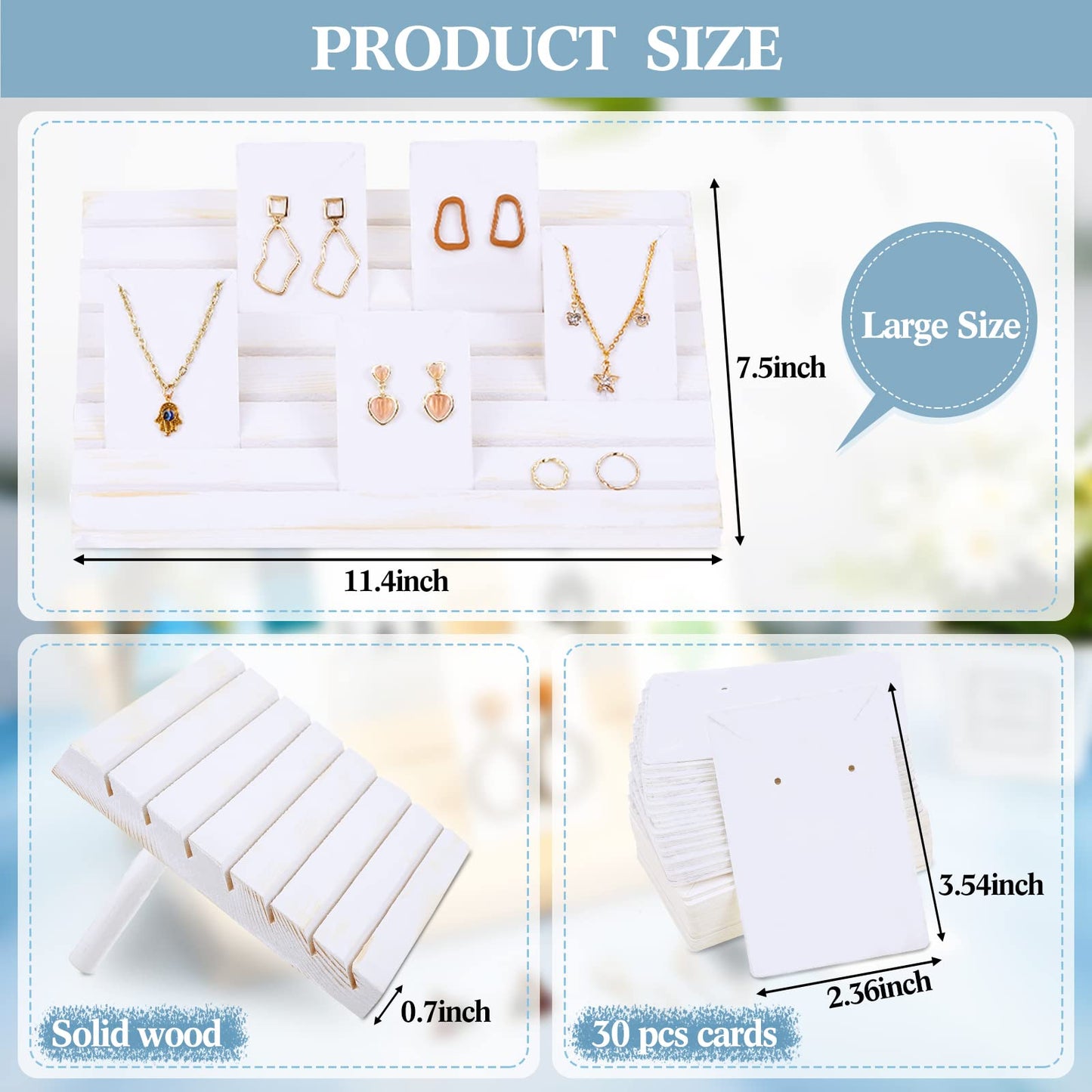 Blulu 31 Pack Wooden Earring Display Stand 7 Slots jewelry Display Holder with Earring Card for Selling Vendors Retail Show(Wash White, White)