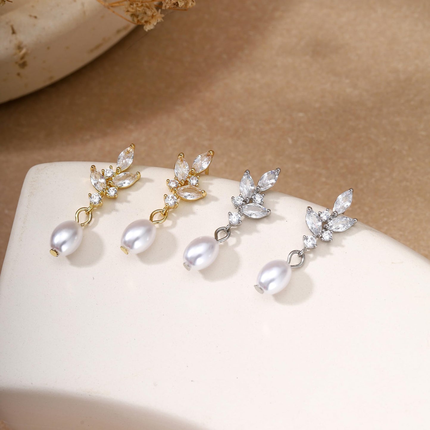 Solistra Pearl Earrings for Women Dainty Diamond Pearl Drop Dangle Earrings 14k Gold Plated for Weddings Bridesmaid Gifts