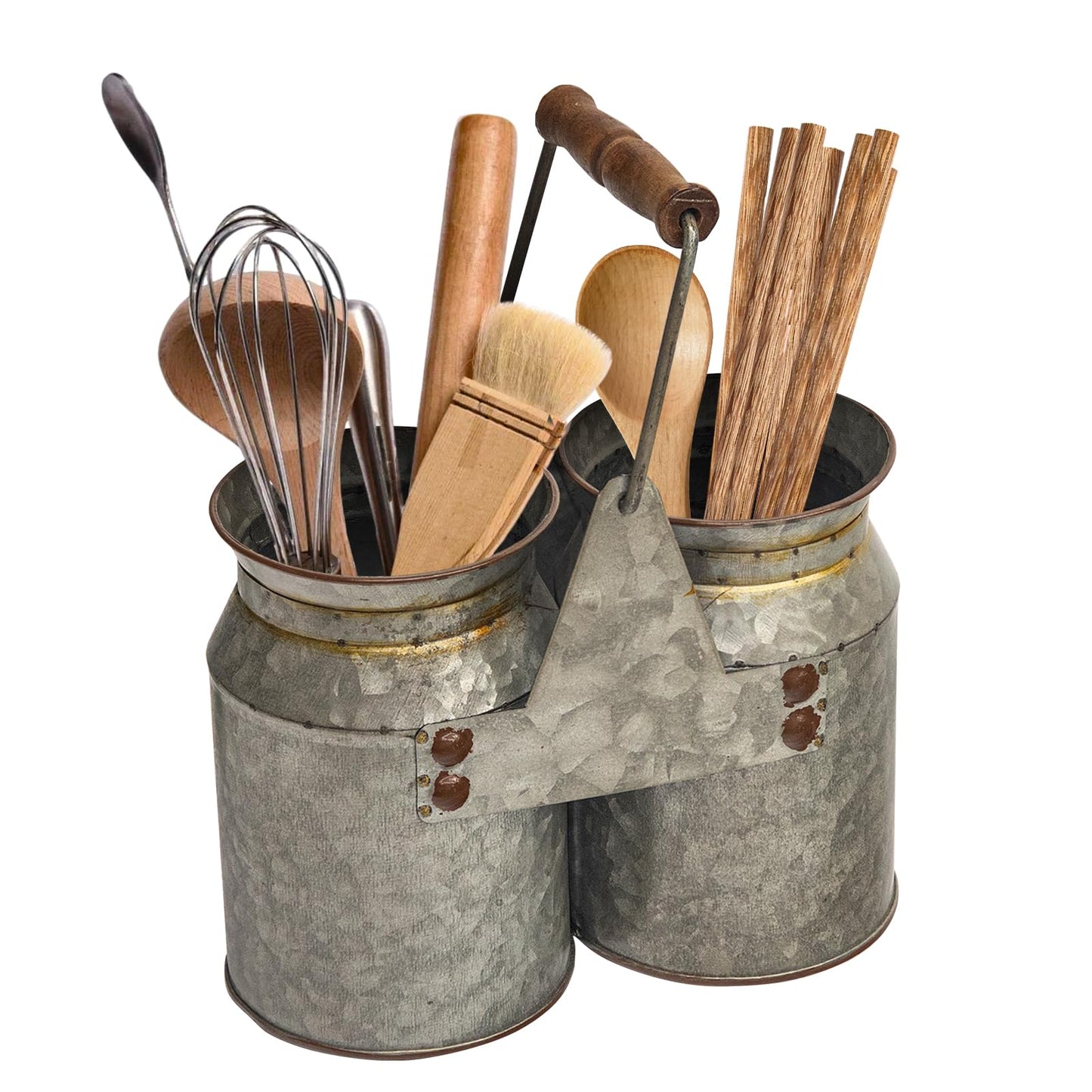 UPPER DECOR Set of 2 Rustic Galvanized Utensil Holders with Handles, Farmhouse Kitchen Crocks for Spoons, Forks & Knives, Countertop Organizer Buckets for Rustic Farmhouse Decor, 8"x4"x6.75"