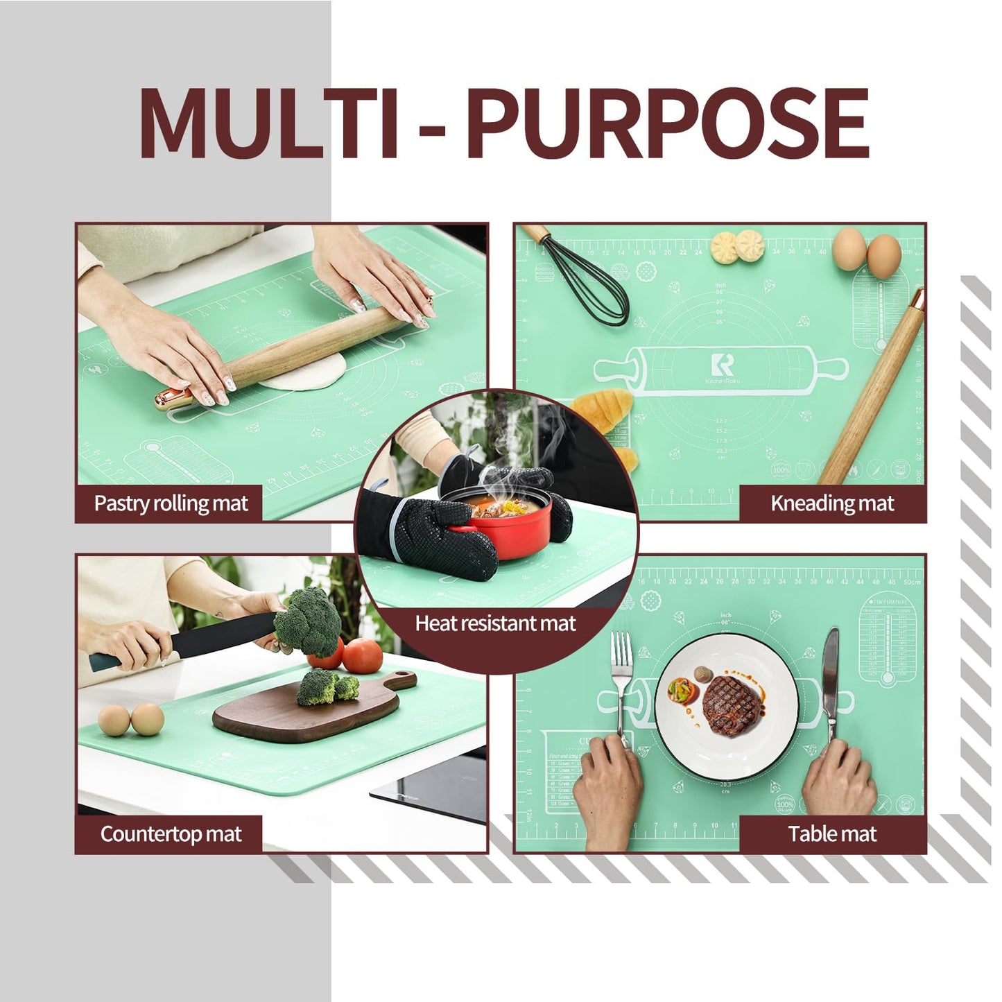 Silicone Baking Mat 20"L x 28"W, Extra Thick Dough Rolling Pad with Measurements and Edge Heightening, Non-stick Food Grade Silicone Pastry Mat for Pastry, Bread, Cookies
