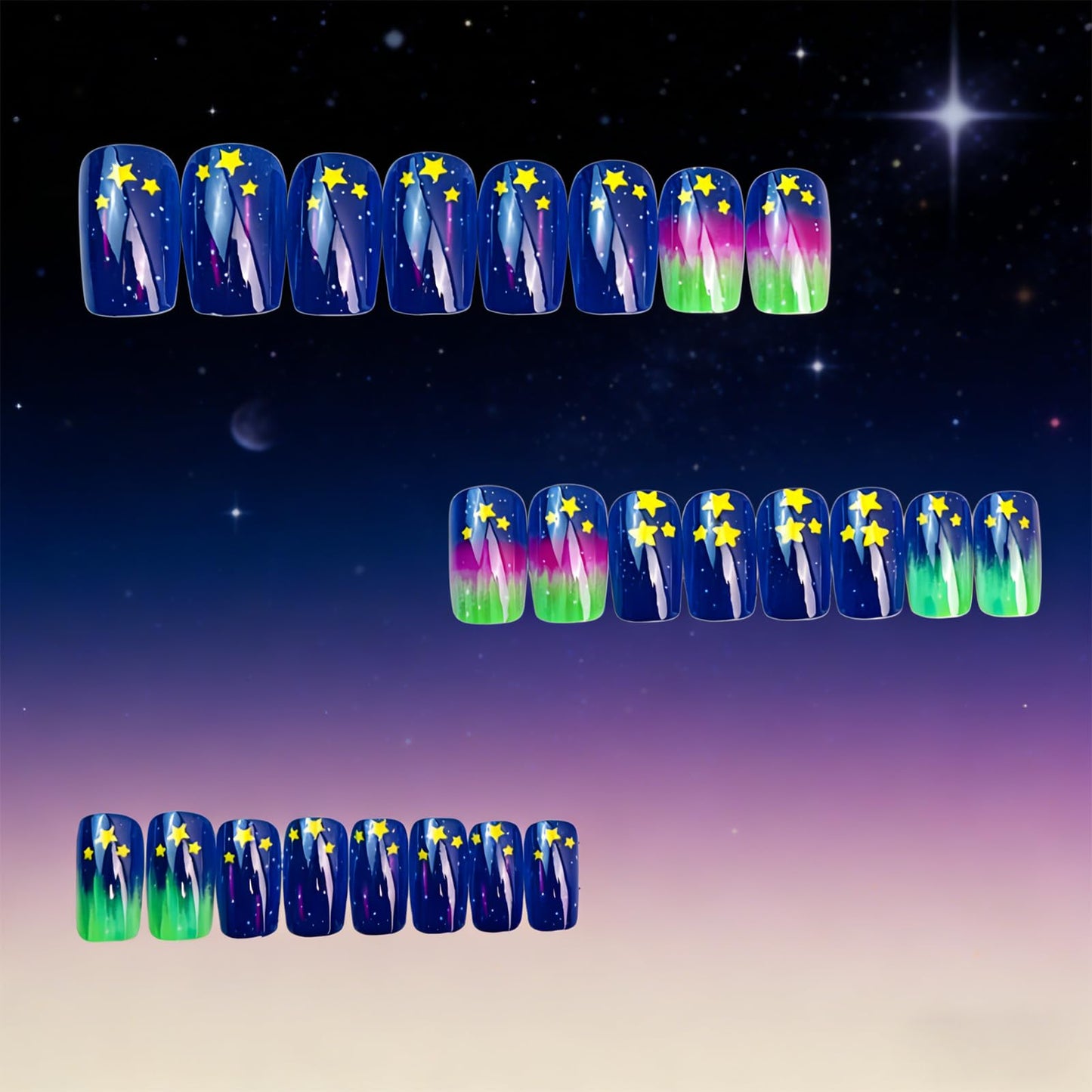 Star Press on Nails Medium Square Fake Nails Gradient Aurora False Nails Press ons with Starry Dots Design Reusable Artificial Nail Full Cover Glossy Stick on Nails for Women Manicure 24Pcs