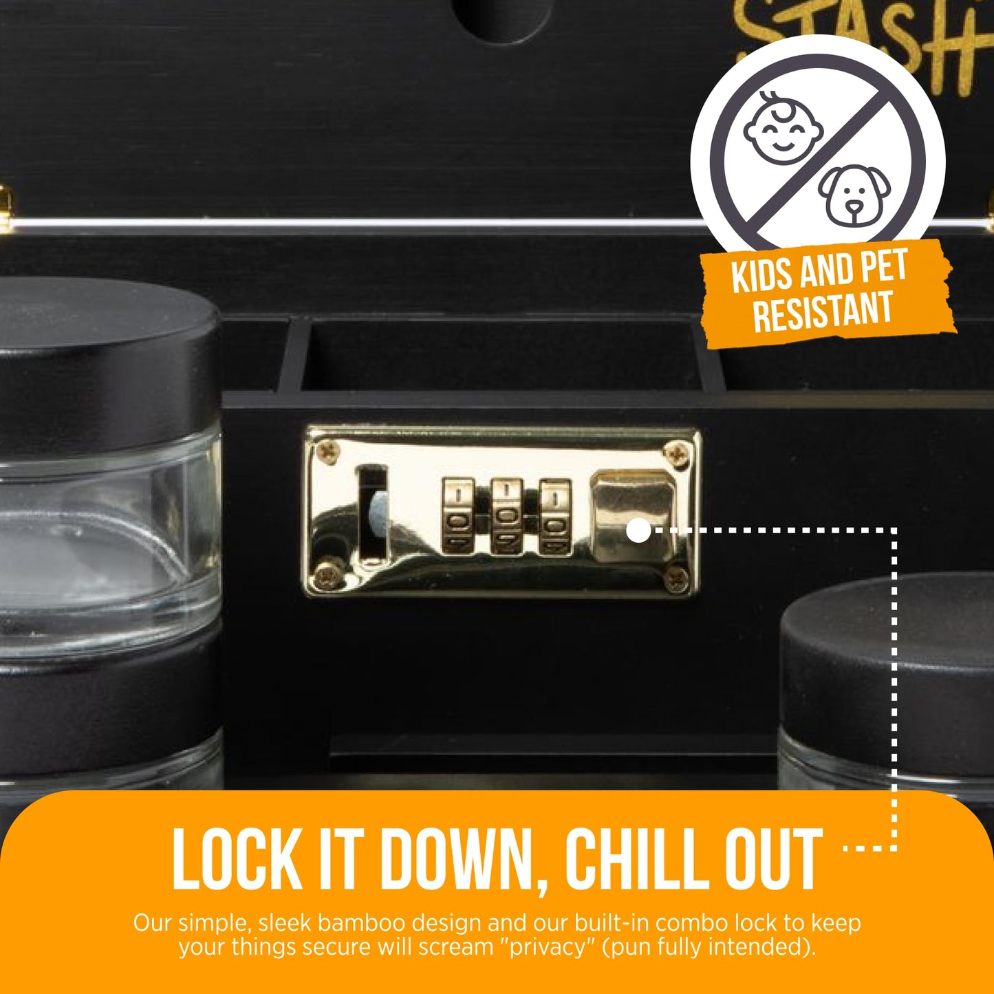 HASHSTASH The OG Storage Box - Large Bamboo Box with Combination Lock, Magnetic Lid, Organizer Tray, Airtight Tube and 3 Jars - Discreet Decorative Locking Wooden Box with Accessories (Black/Gold)