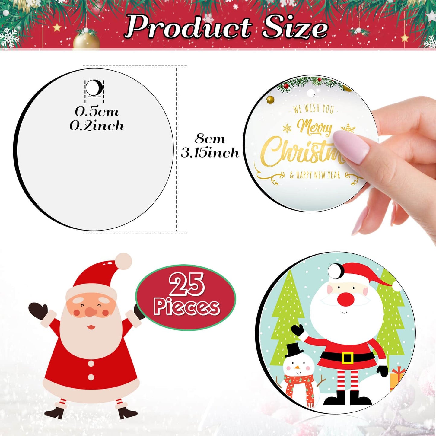Billbotk 25 Pieces Sublimation Ornament Blanks, 3.15" Round Blank Sublimation Ornaments Sublimation Christmas Ornament Blanks for Christmas Tree Décor, DIY Handmade Crafts(3.15 inches)