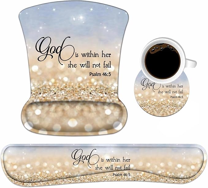 Keyboard Wrist Rest and Mouse Pad Wrist Support Set with Cute Coasters, Non-Slip PU Base Ergonomic Gaming Mousepad for Home Office Working Studying Easy Typing & Pain Relief, Bible Verses Psalm 46:5