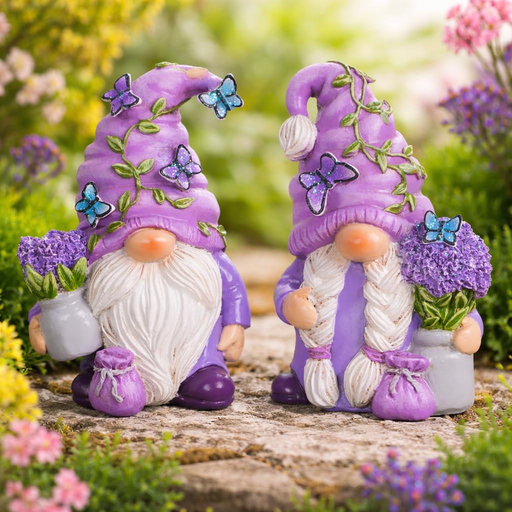 Hodao 2PCS Lavender Dream Gnome Set - Purple Fragrance Wonderland Journey Spring Swedish Tomte Elf Dwarf Figurines Summer Gnome Indoor Home Decor Gift (Lavender)
