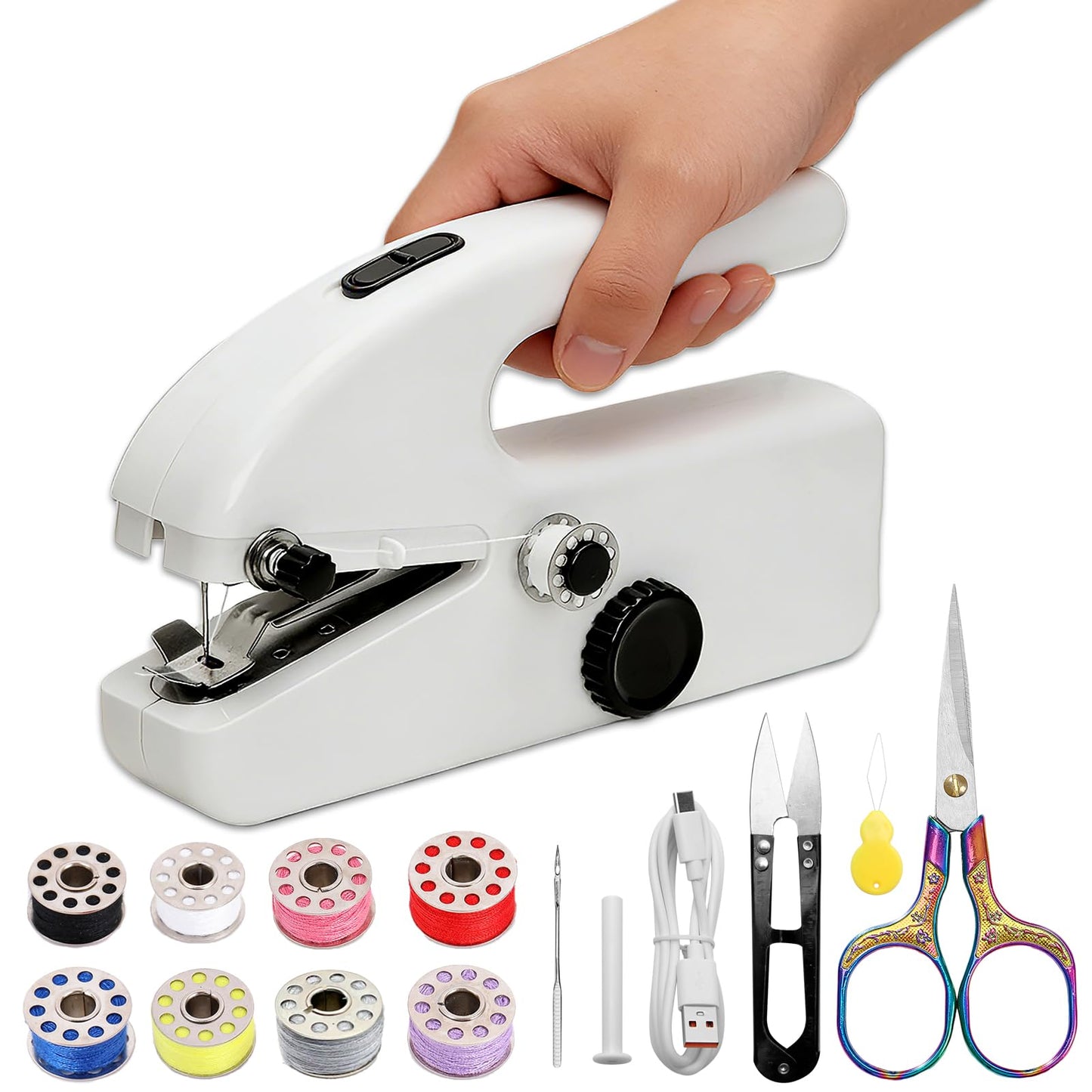 Hand Held Sewing Machine for Adults & Beginners, with a 15 PCS Basic Sewing Kit, Portable Mini Hand Sewing Machine, Dual Power (AC/DC) for Quick Repairs, DIY Projects on Clothes, Jeans, Home & Travel