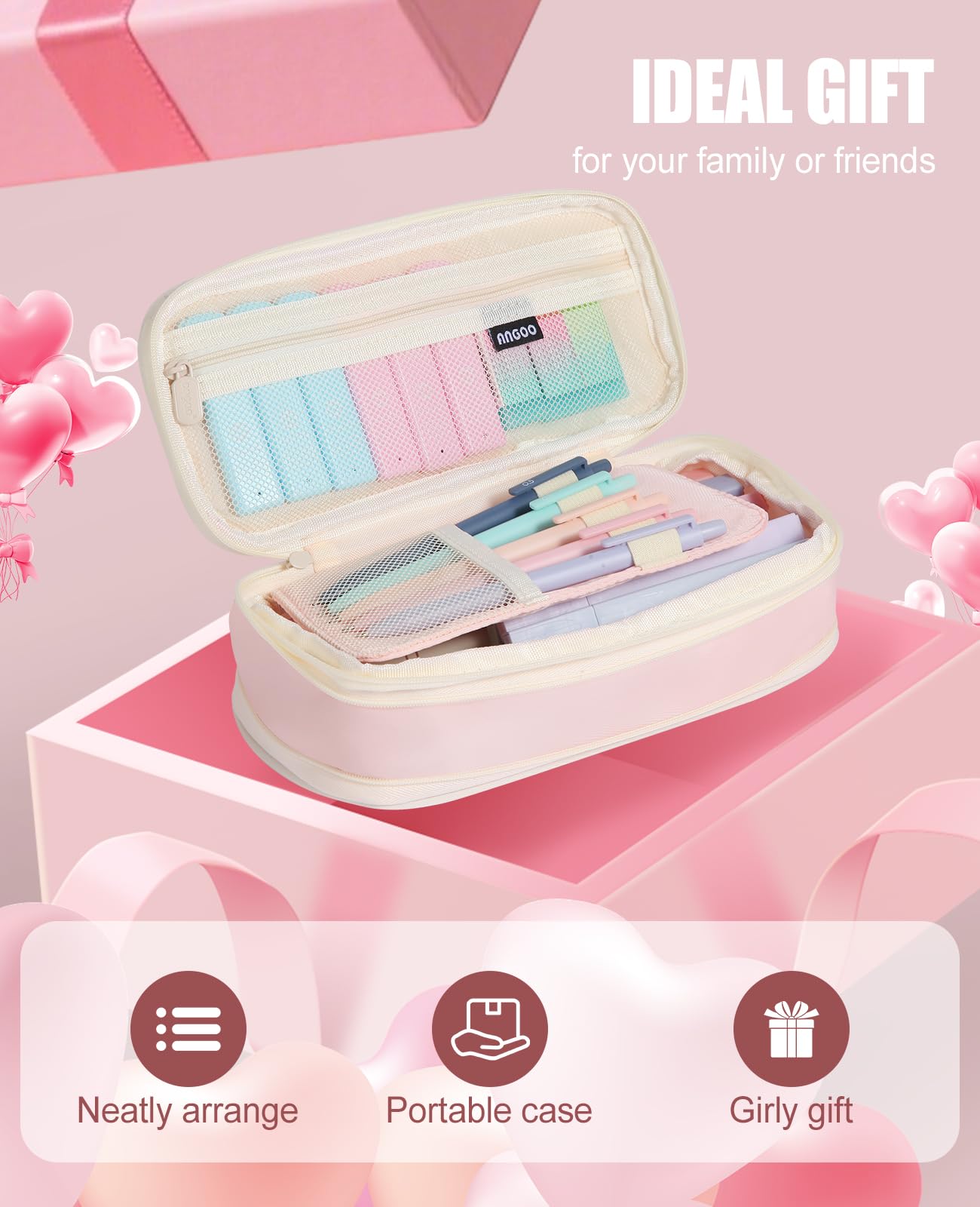 39PCS Aesthetic School Supplies with Cute Pencil Case, 5X Ballpoint Pens with Stylus Tip, 12X Pastel Highlighters, 6X Mechanical Pencil Set 0.5 & 0.7mm, Suit for Preppy School College Essentials(pink)
