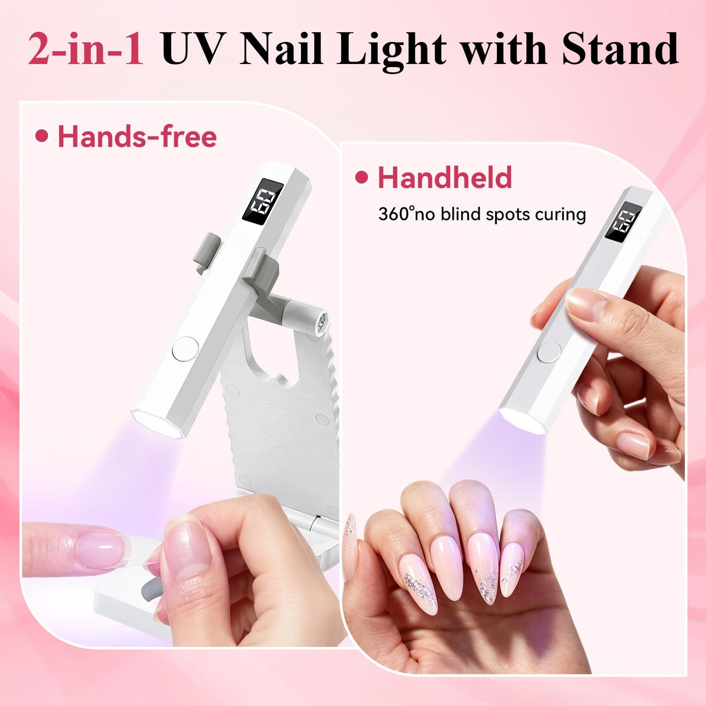 YSC Handheld UV Light for Gel Nails, Mini Portable Cordless UV Pen Light for Nails with Stands and LCD Display, Fast Flash Curing Nail Dryer for Home Salon & DIY Manicure