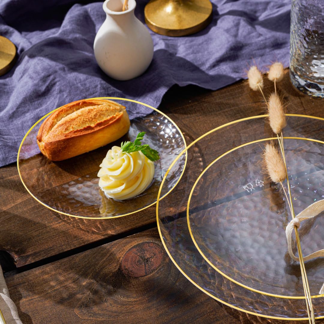 R-kay 100 Pack Clear Plastic Plates - 6.25 IN Hammered Gold Rimmed Sturdy, Durable And Extra Heavy duty Gold Plastic Dessert Plates Disposable - Ideal For Appetizer And And For Desserts.