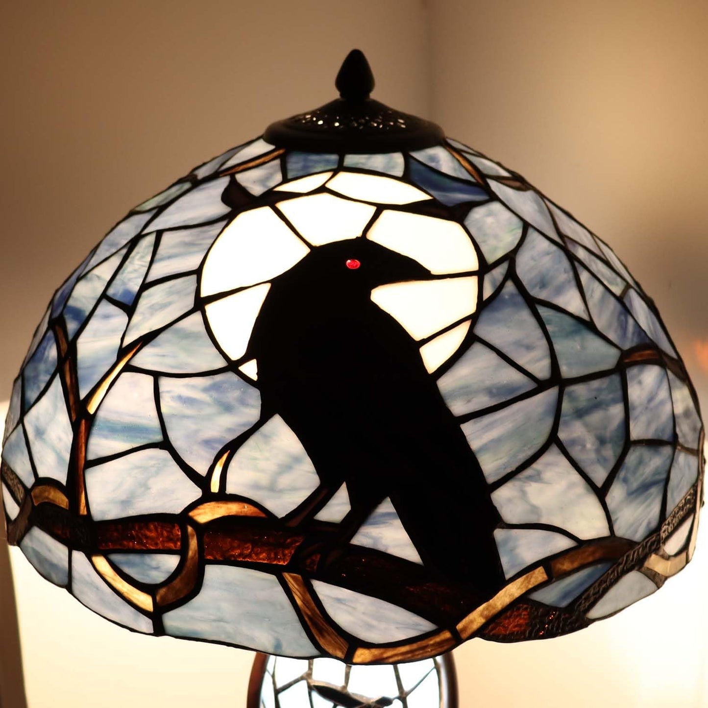 Bieye L10954 Raven Sitting on Bare Tree Branch in Full Moon Night Tiffany Style Stained Glass Table Lamp for Home Decor (Dark Blue, 16Wx24H)