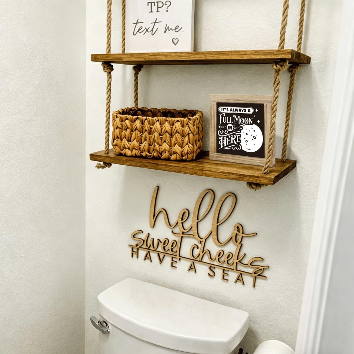 Funny Bathroom Decor Sign It's Always a Full Moon in Here, Desk Decor Rustic Wood Block Plaque Box Sign, Rustic Wood Plaque Signs, Decorative Table Signs 5.9X5.9X0.7 inches