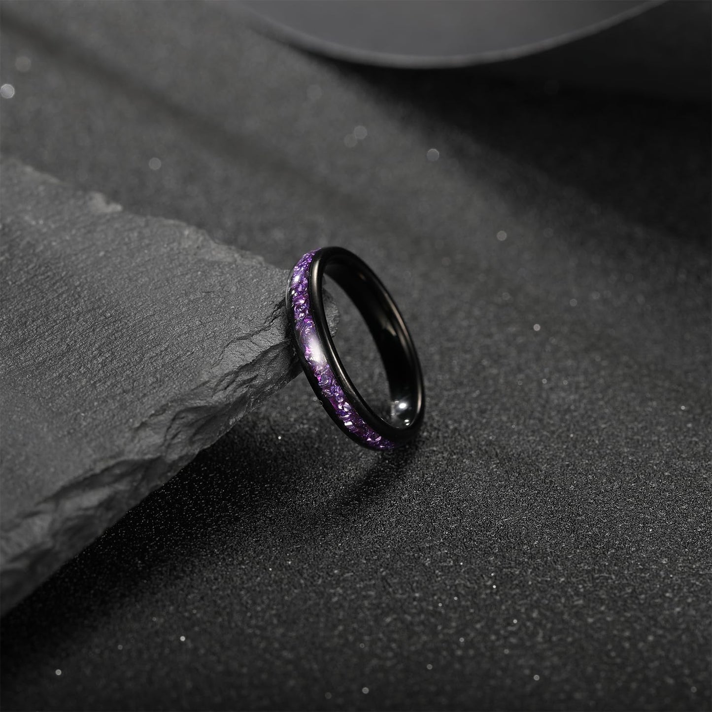NUNCAD Women's Tungsten Rings 4mm Black Wedding Band Inlaid with Amethyst Center Polished Domed Comfort Fit Size 5-9