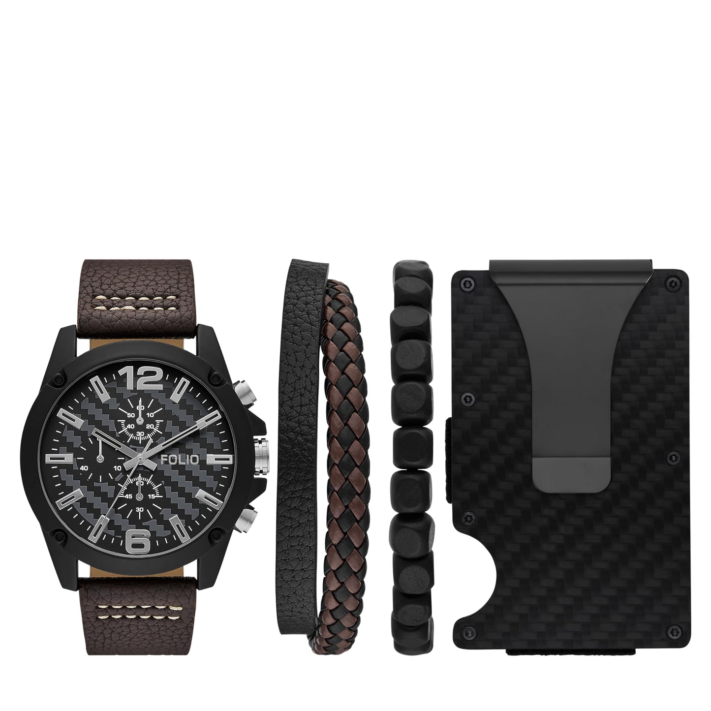 Folio Men's Black and Brown Vegan Leather Strap Watch, Bracelet and Accessories Gift Set (Model: FMDFL6049)