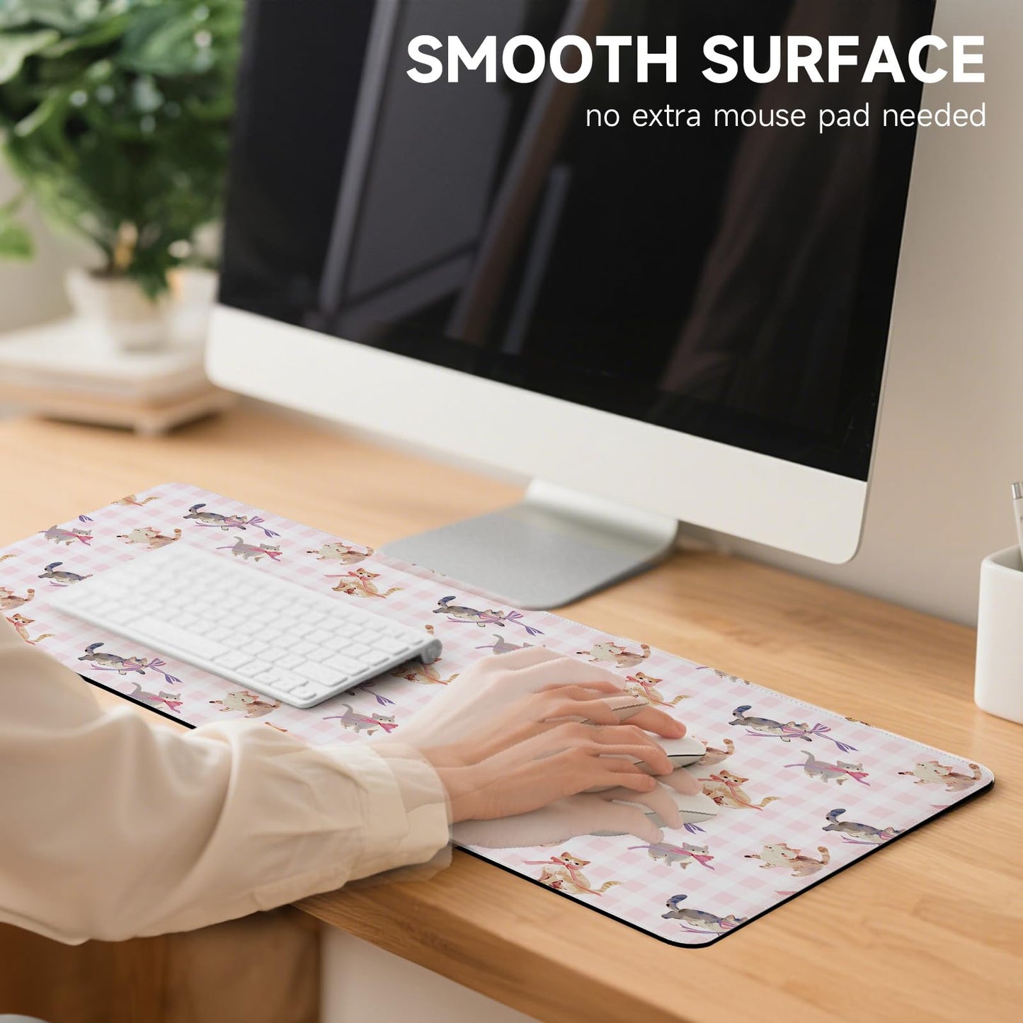 AUPET PU Leather Desk Pad Protector Blotter, Animal 35 x 17in Large Mouse Pad,Cute Office Desk Mat,Waterproof Non-Slip Desk Writing Drawing Pad for Office Home Game (Cats with Bow tie)