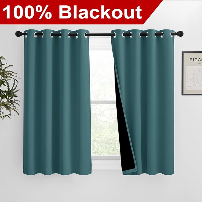 NICETOWN 100% Blackout Curtains with Black Liners, Thermal Insulated 2-Layer Lined Drapes, Room Warming Small Window Draperies for Dining Room (Sea Teal, 2 Panels, 46 inches W by 54 inches L)