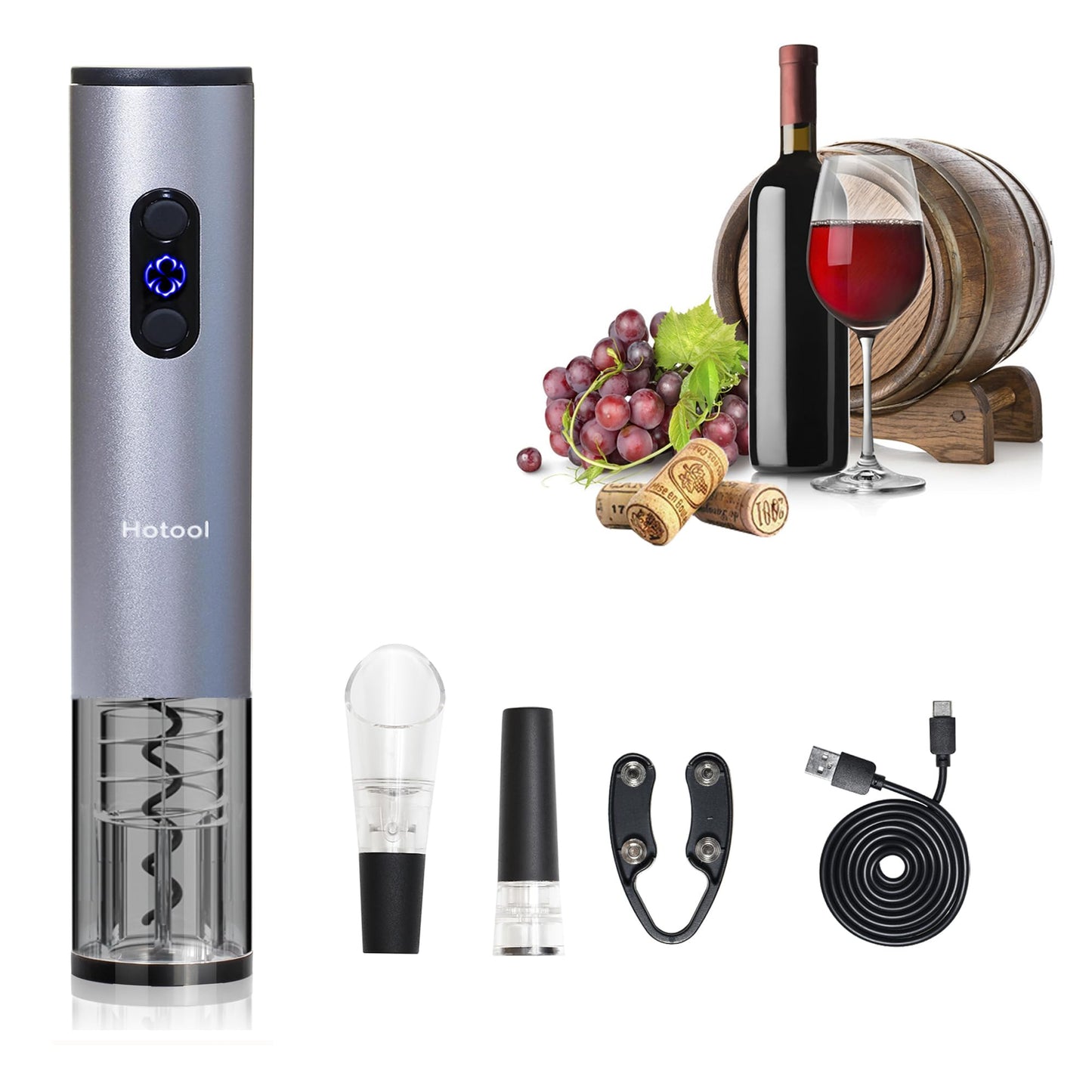 Electric Wine Bottle Opener Automatic Wine Opener Rechargeable Electric Corkscrew with Wine Aerator,Foil Cutter,Wine Stopper,USB-C Charge Cable, Perfect Mothers Day Gifts(Silver)