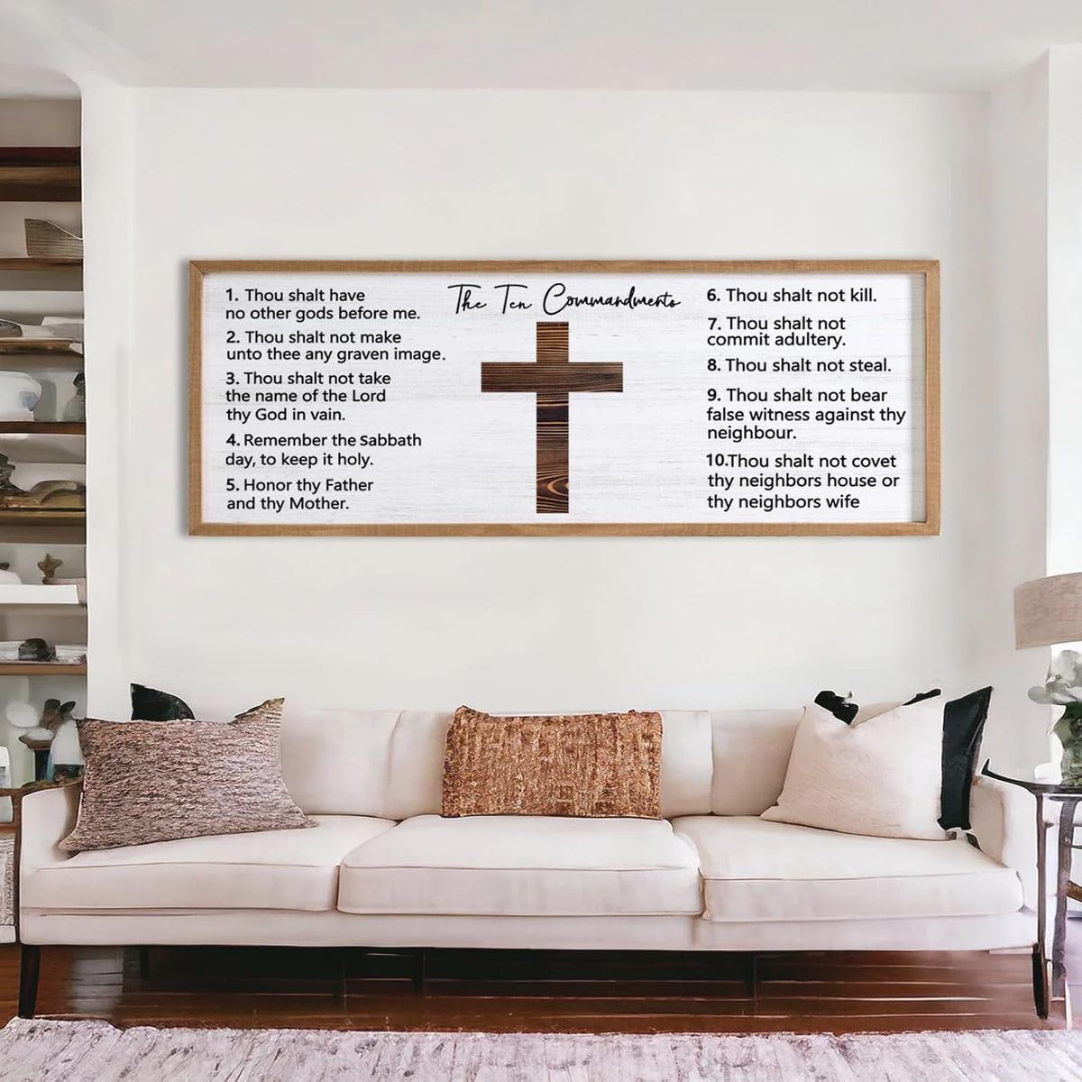 Ten Commandments Rustic Bible Verse Framed Wall Art 40" x 15" Natural Religious Christian Slogan Representing God Jesus Christ Prayer Vintage Holy Inspirational Catholic Scripture Decor